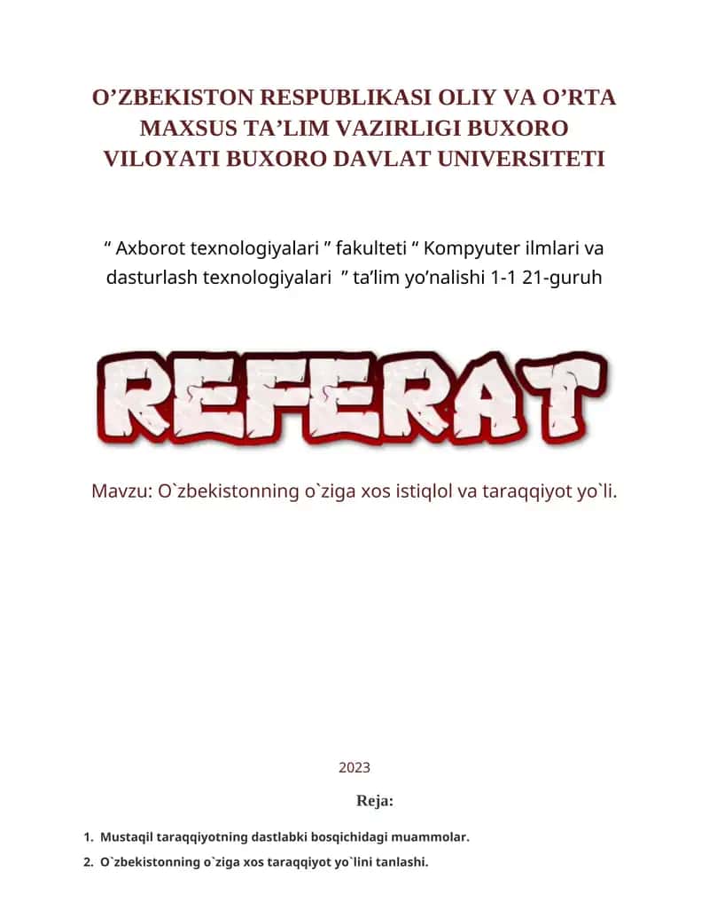 O‘zbekistonning o‘ziga xos istiqlol va taraqqiyot yo‘li