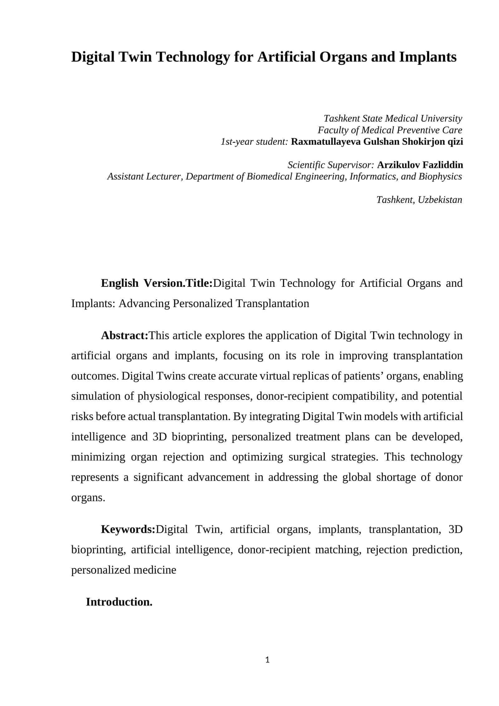 Digital Twin Technology for Artificial Organs and Implants