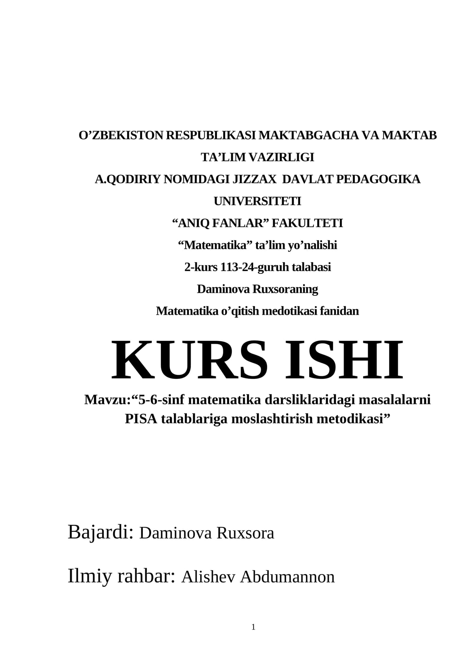 5-6-sinf matematika darsliklaridagi masalalarni PISA talablariga moslashtirish metodikasi