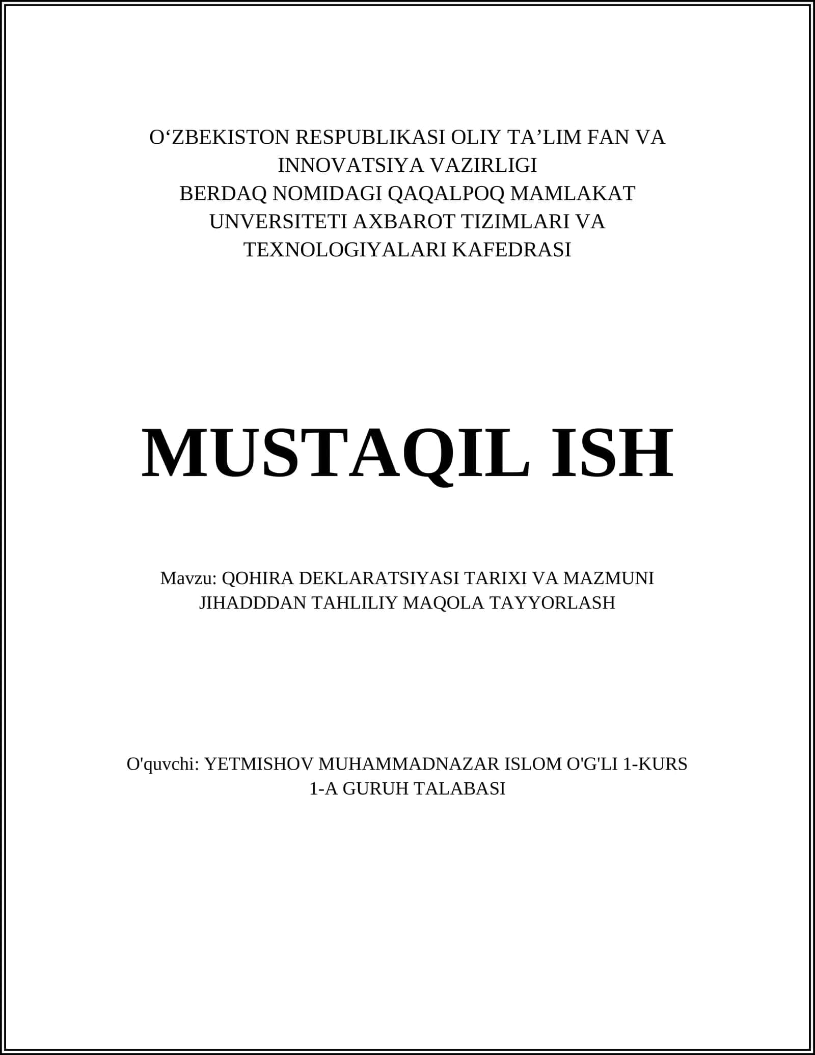 QOHIRA DEKLARATSIYASI TARIXI VA MAZMUNI JIHADDDAN TAHLILIY MAQOLA TAYYORLASH