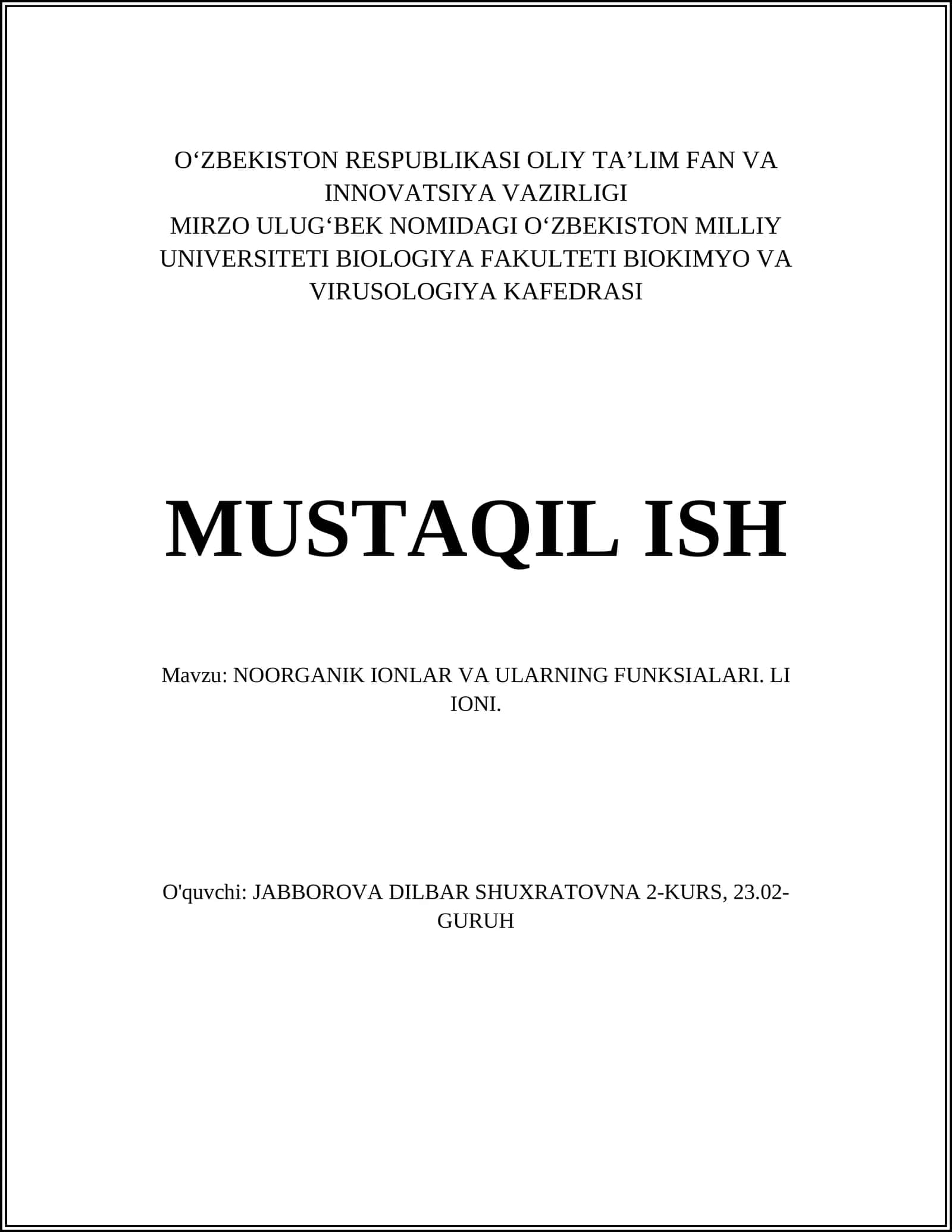 ANORGANIK IONLAR VA ULARNING FUNKSIALARI. LI IONI