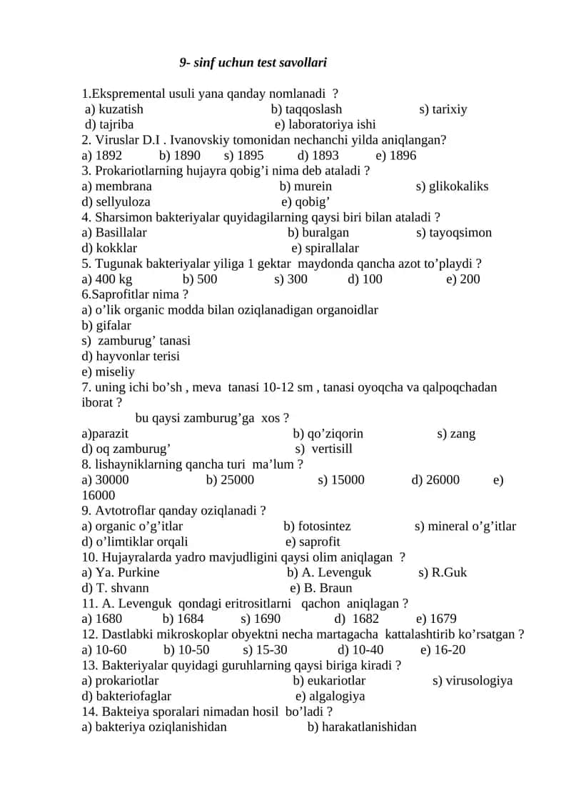 9- sinf uchun test savollari
