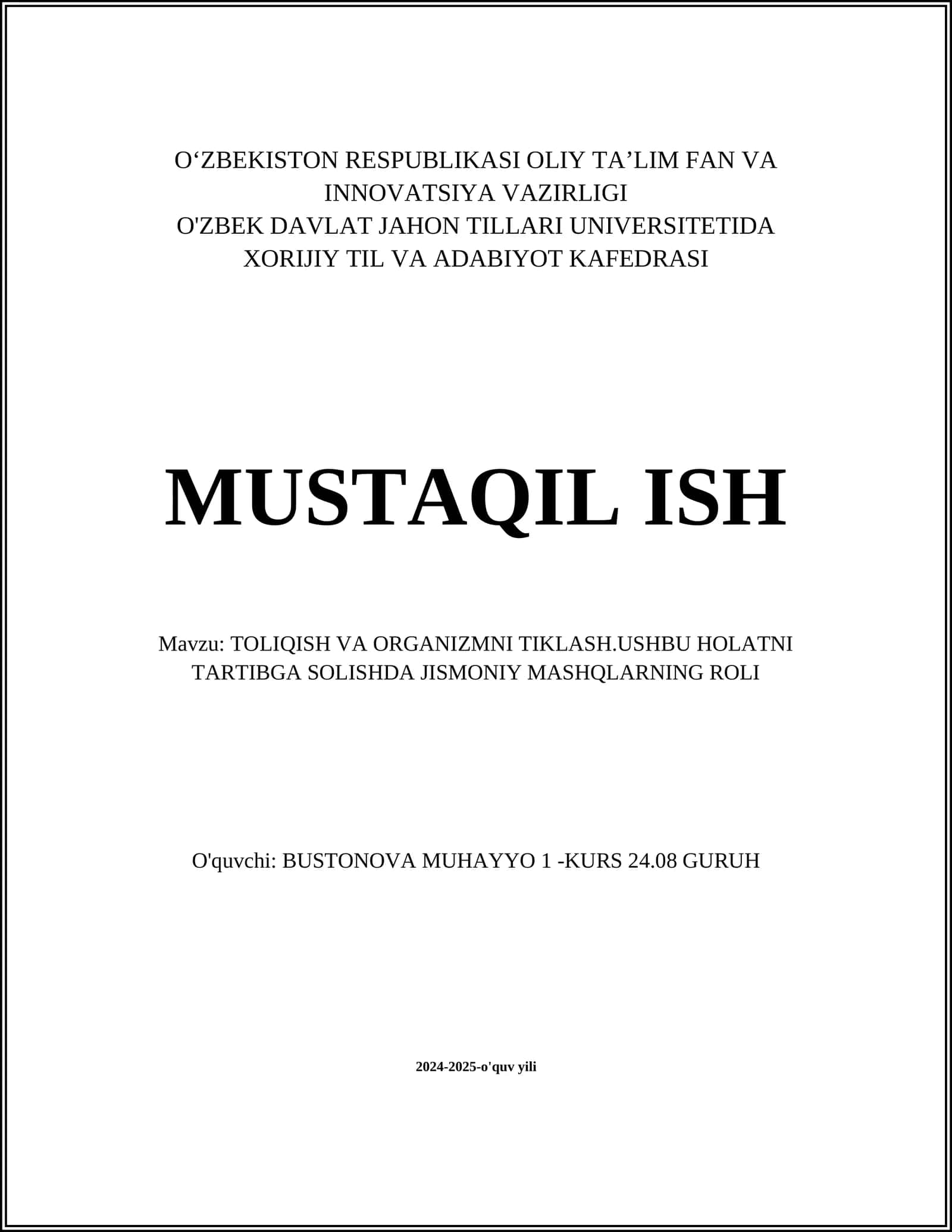 Toliqish va organizmni tiklash