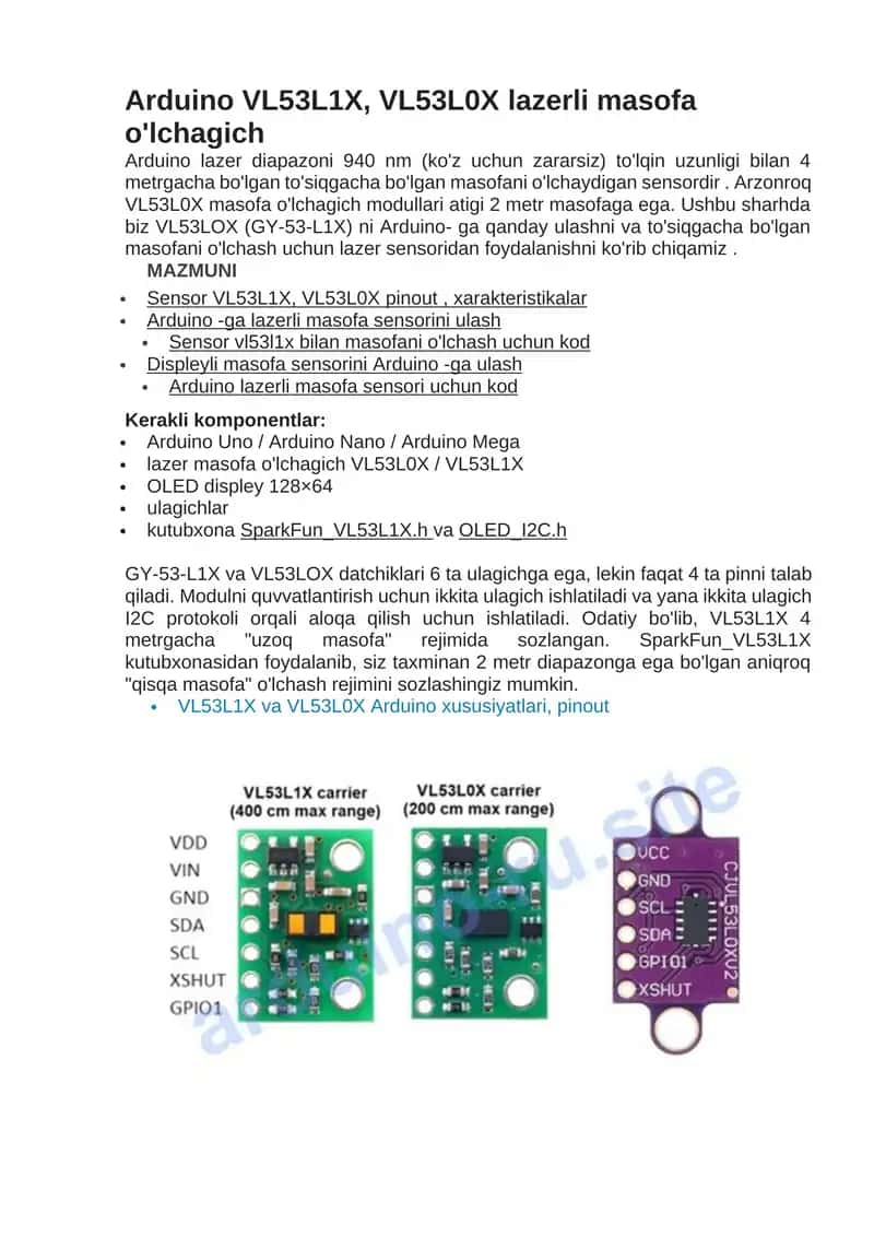 Arduino VL53L1X, VL53L0X lazerli masofa o'lchagich