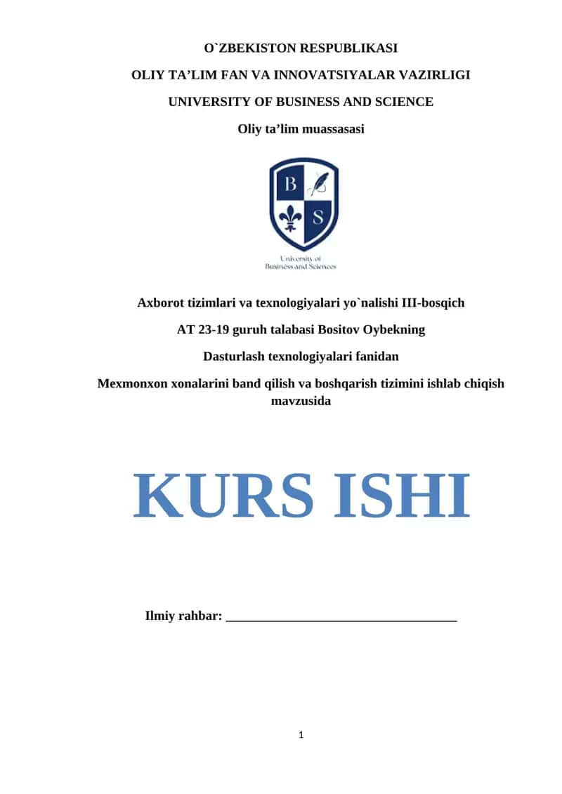 Mehmonxona xonalarini band qilish va boshqarish tizimini ishlab chiqish