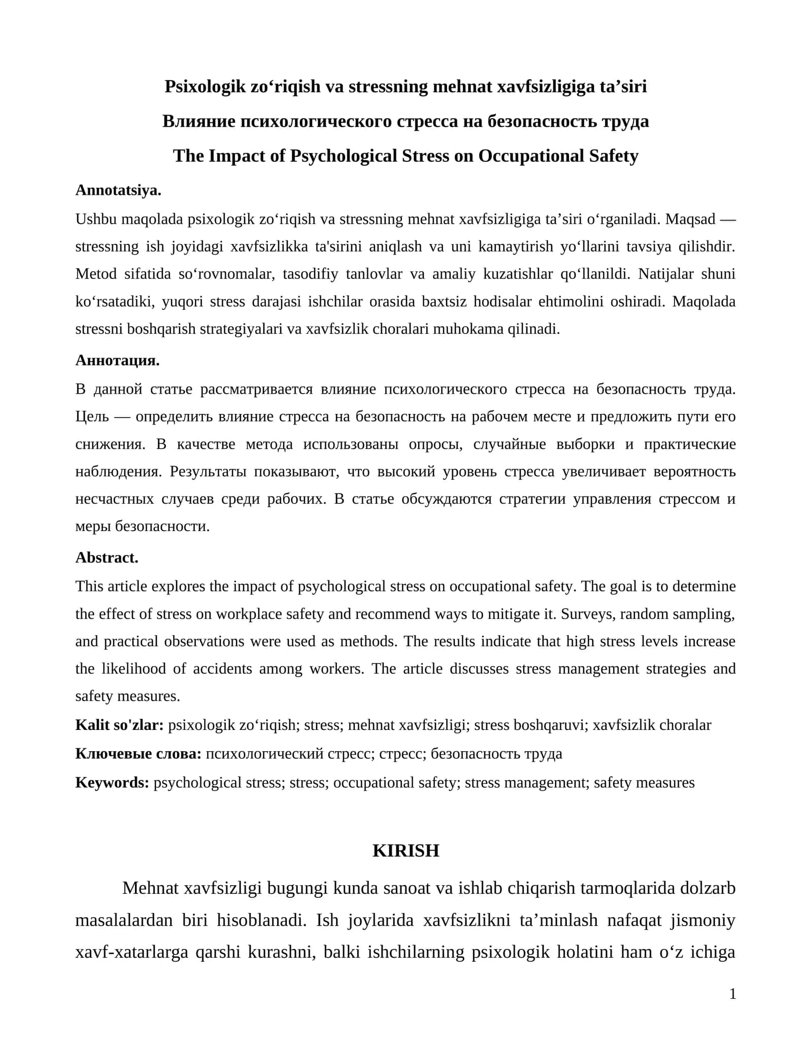 Psixologik zo‘riqish va stressning mehnat xavfsizligiga ta’siri