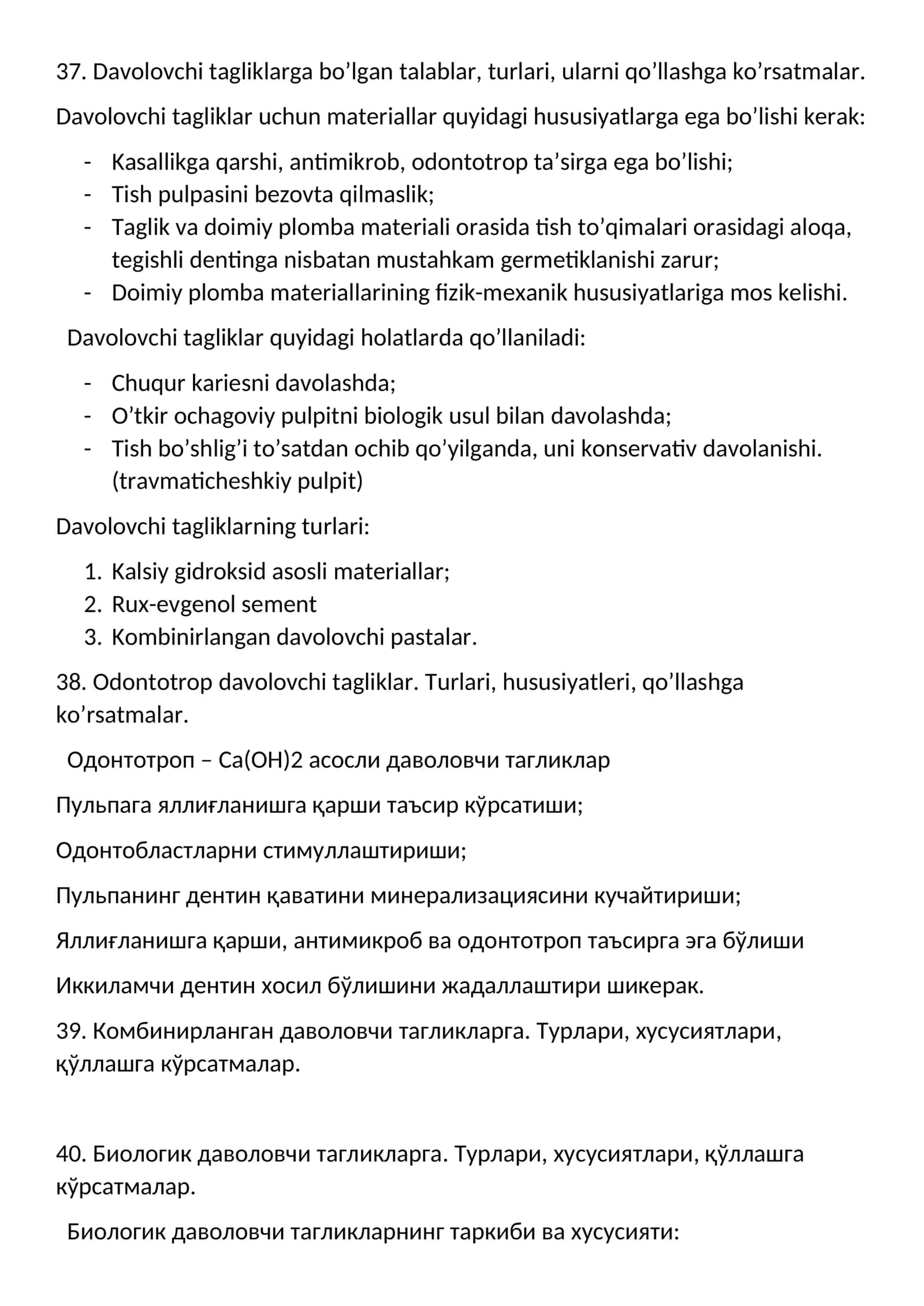 Preklinik restavratsion stomatologiya imtixon javoblari II qisim