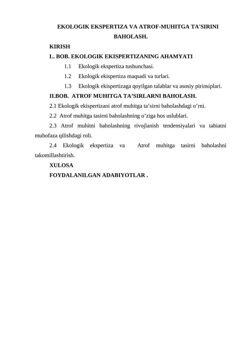 Ekologik Ekspertiza va Atrof-Muhitga Ta'sirini Baholash