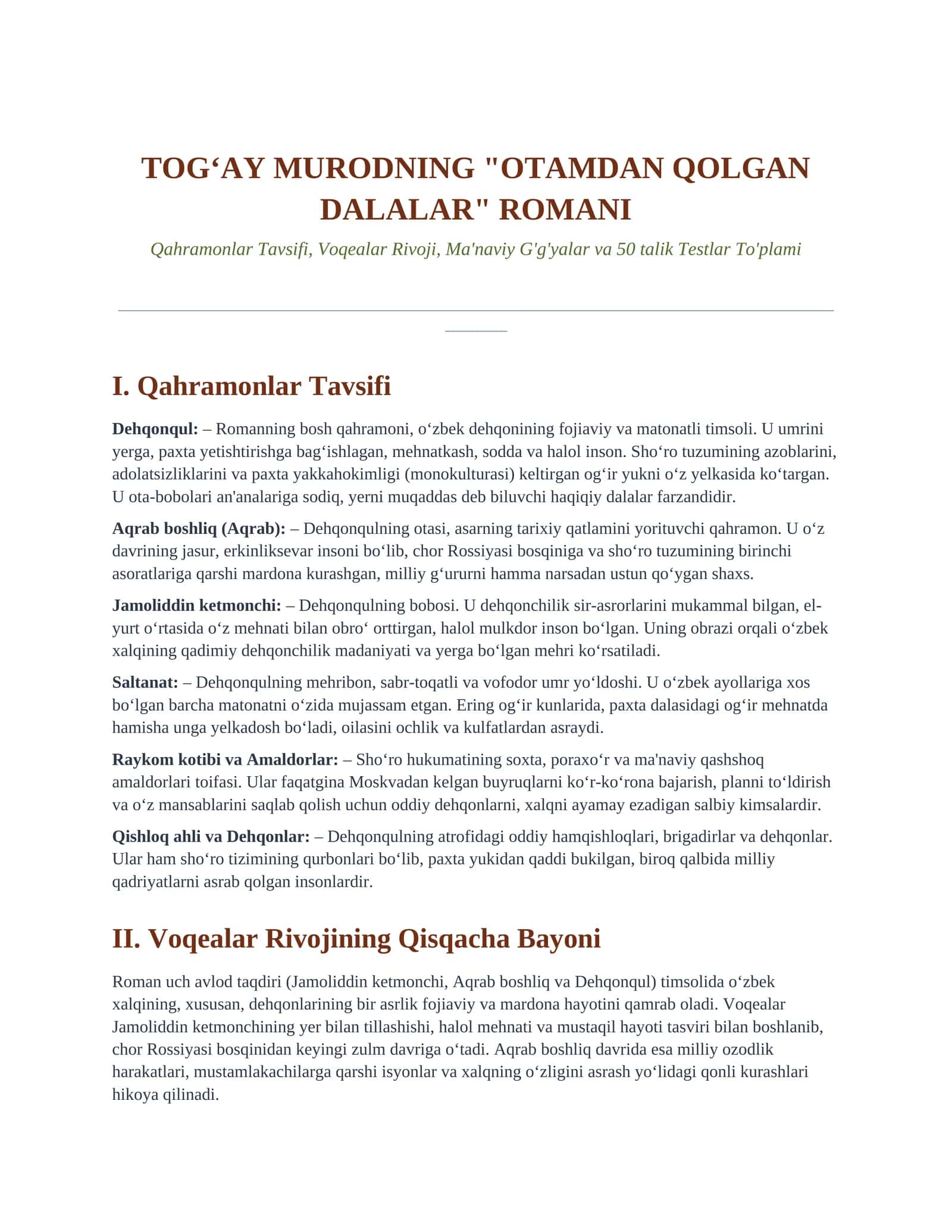 TOG‘AY MURODNING "OTAMDAN QOLGAN DALALAR" ROMANI