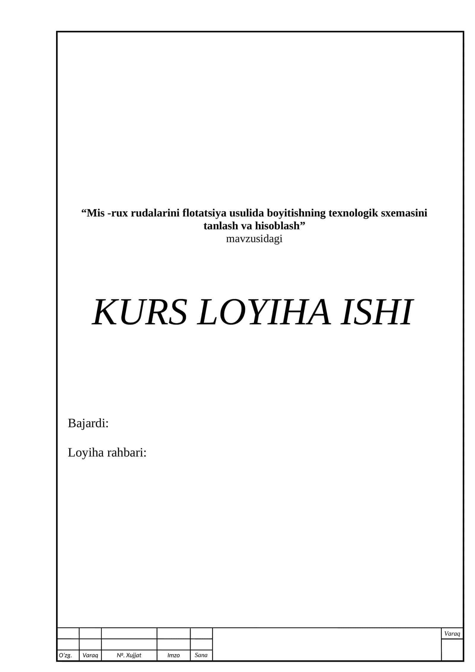 Mis -rux rudalarini flotatsiya usulida boyitishning texnologik sxemasini tanlash va hisoblash