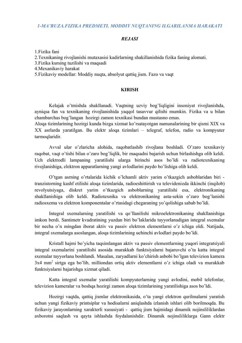 Fizika Predmeti. Moddiy Nuqtaning Ilgarilma Harakati Rejasi
