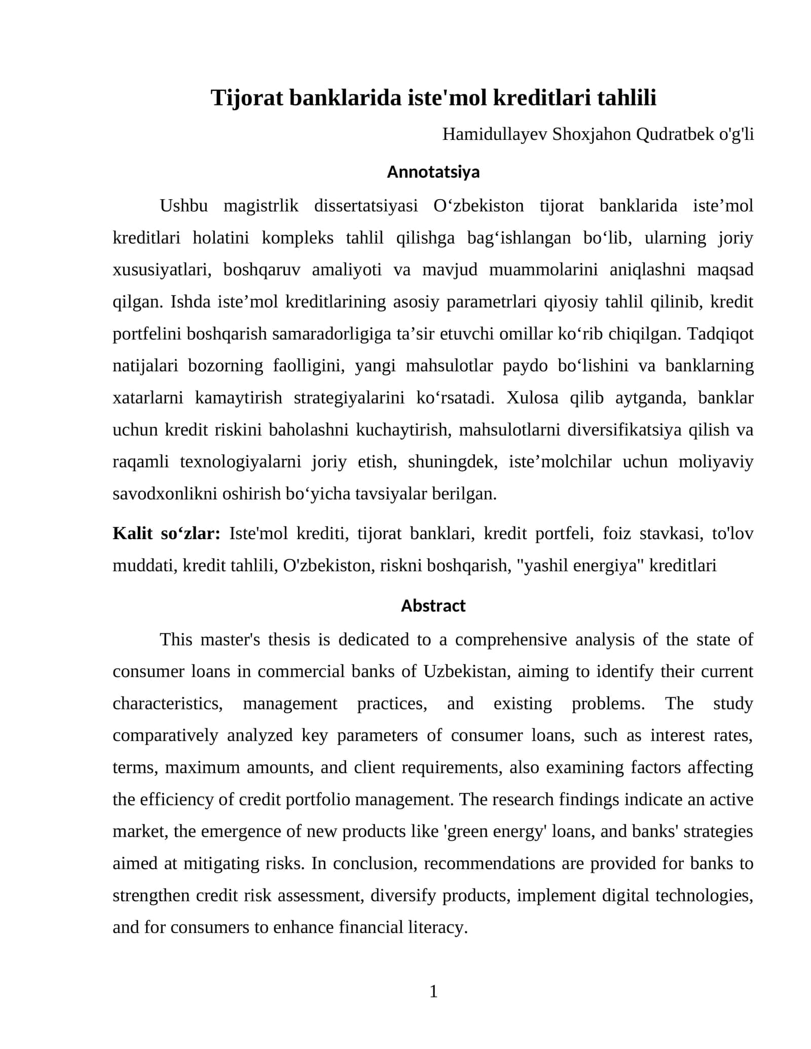 Tijorat banklarida iste'mol kreditlari tahlili