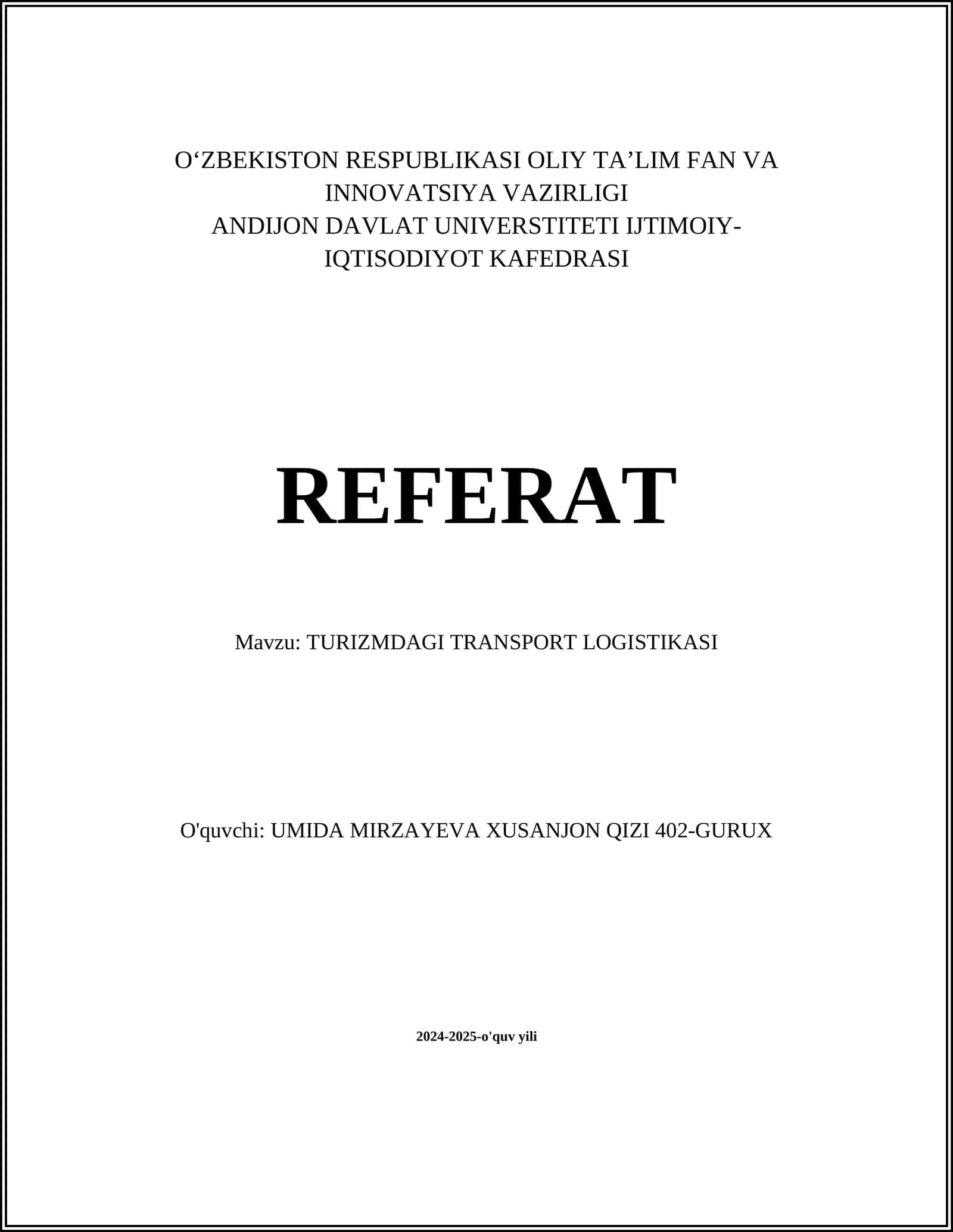 TURIZMDAGI TRANSPORT LOGISTIKASI