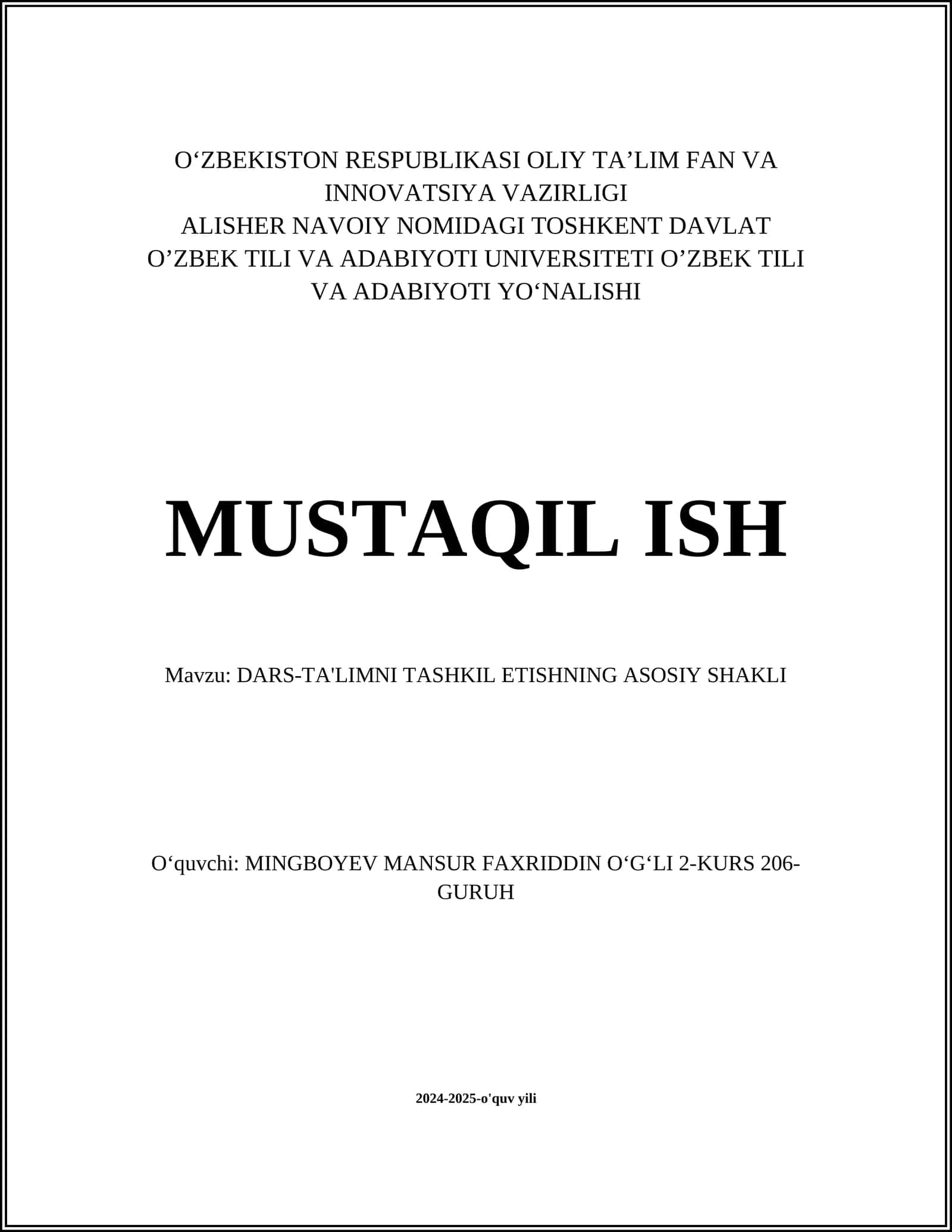 DARS-TA'LIMNI TASHKIL ETISHNING ASOSIY SHAKLI