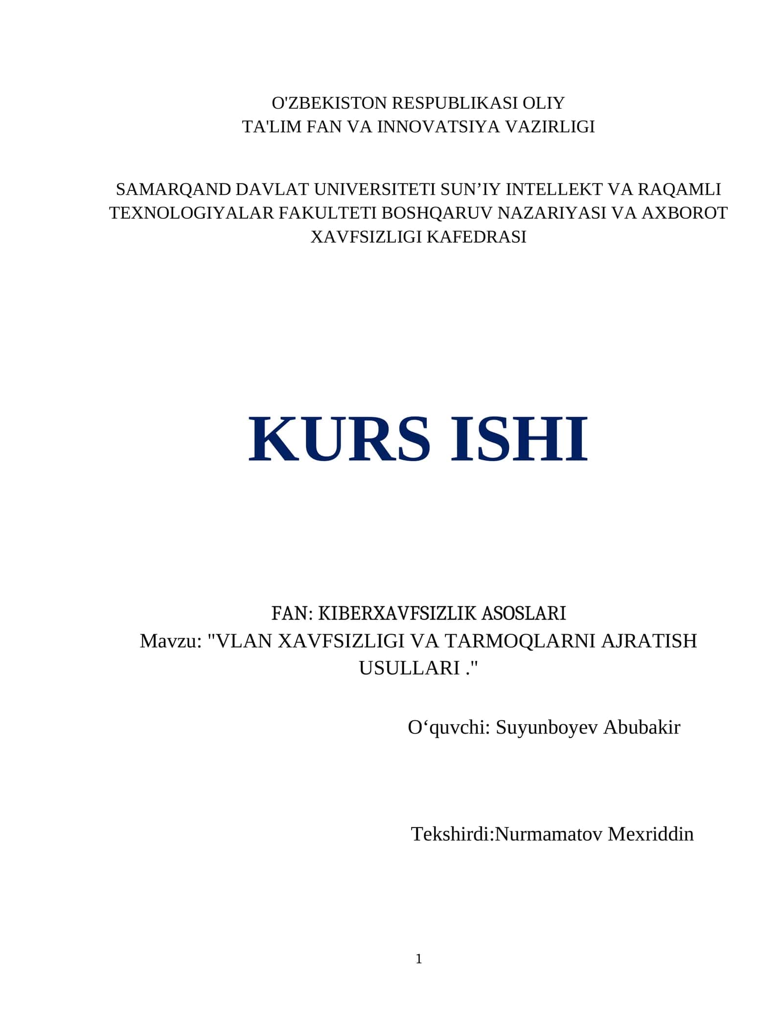 VLAN XAVFSIZLIGI VA TARMOQLARNI AJRATISH USULLARI