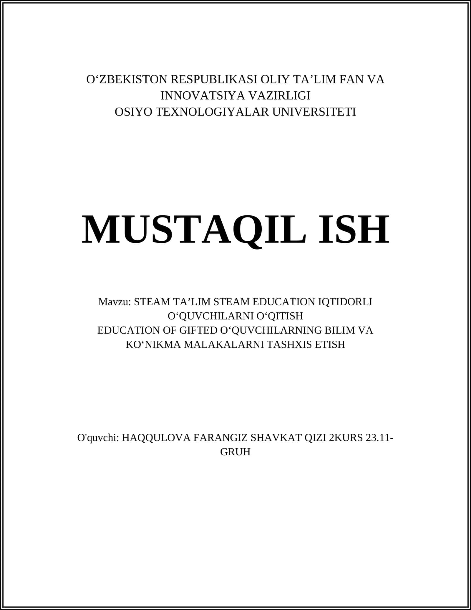 STEAM TAʼLIM STEAM EDUCATION IQTIDORLI OʻQUVCHILARNI OʻQITISH