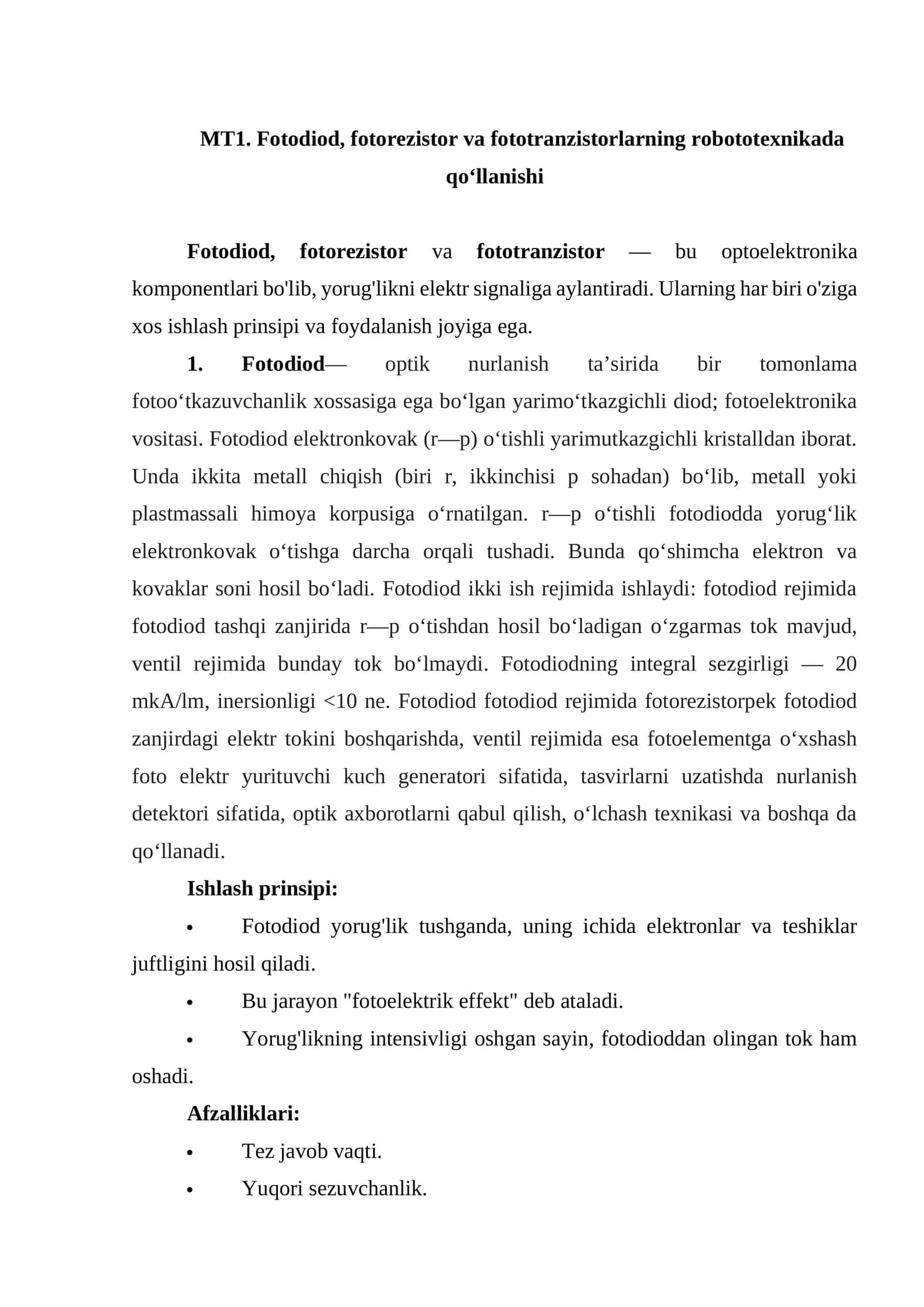 Fotodiod, fotorezistor va fototranzistorlarning robototexnikada qo‘llanishi