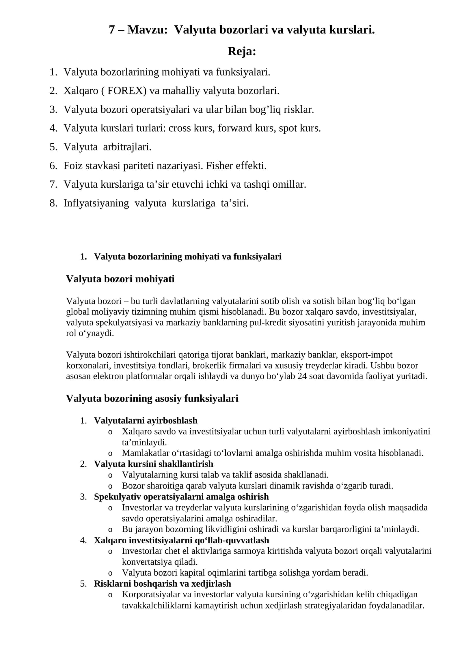 Valyuta bozorlari va valyuta kurslari