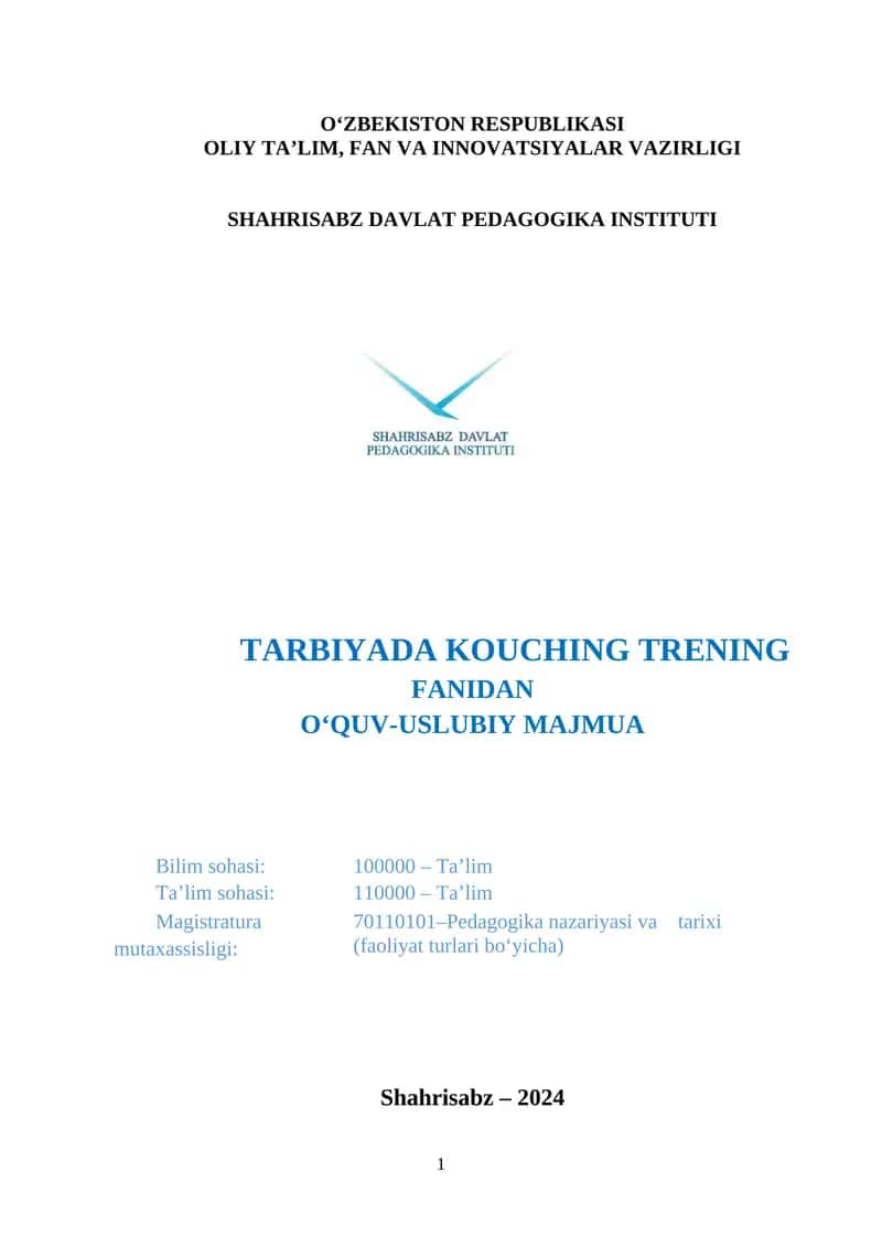 TARBIYADA KOUCHING TRENING FANIDAN O‘QUV-USLUBIY MAJMUA