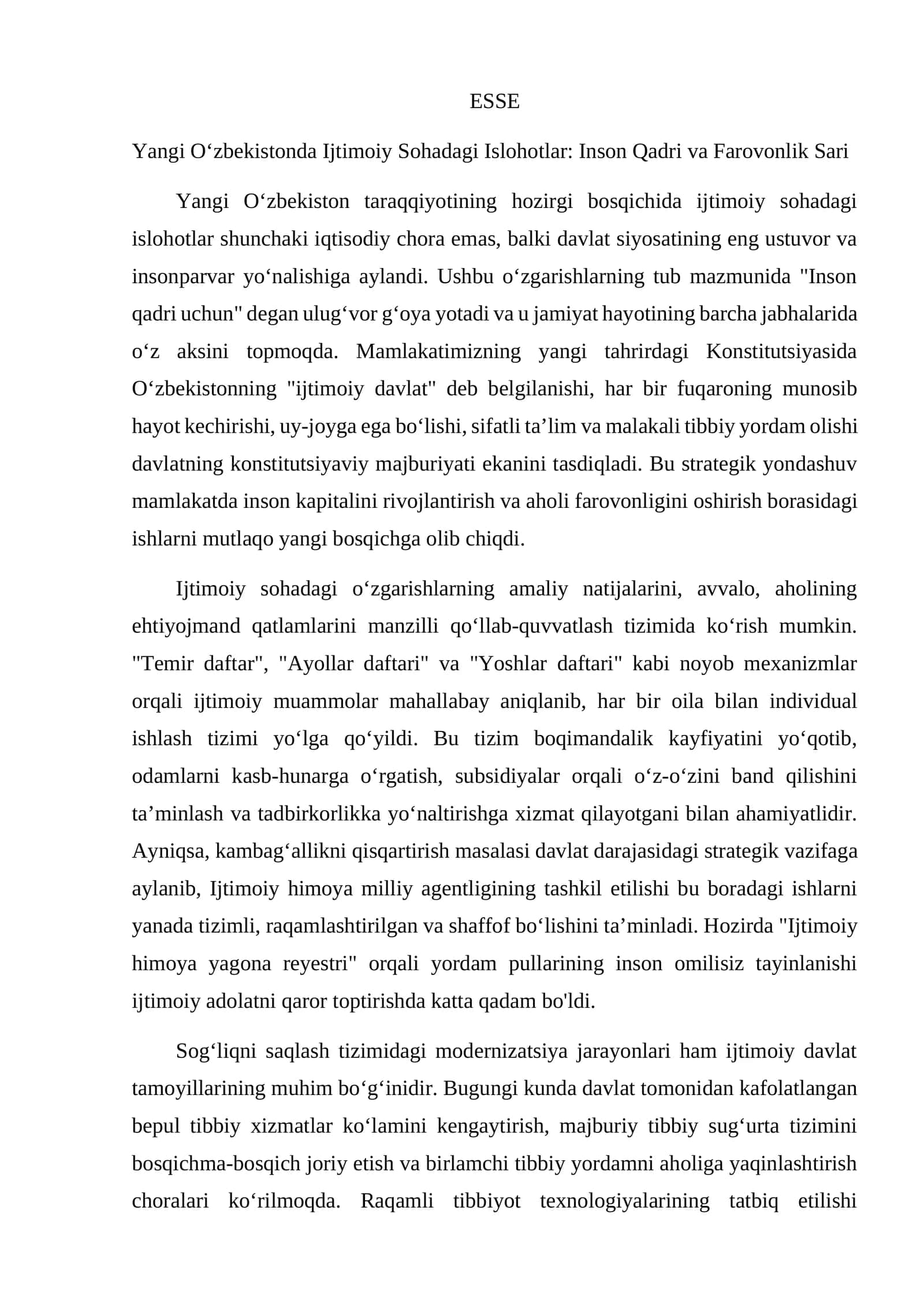 Yangi O‘zbekistonda Ijtimoiy Sohadagi Islohotlar esse
