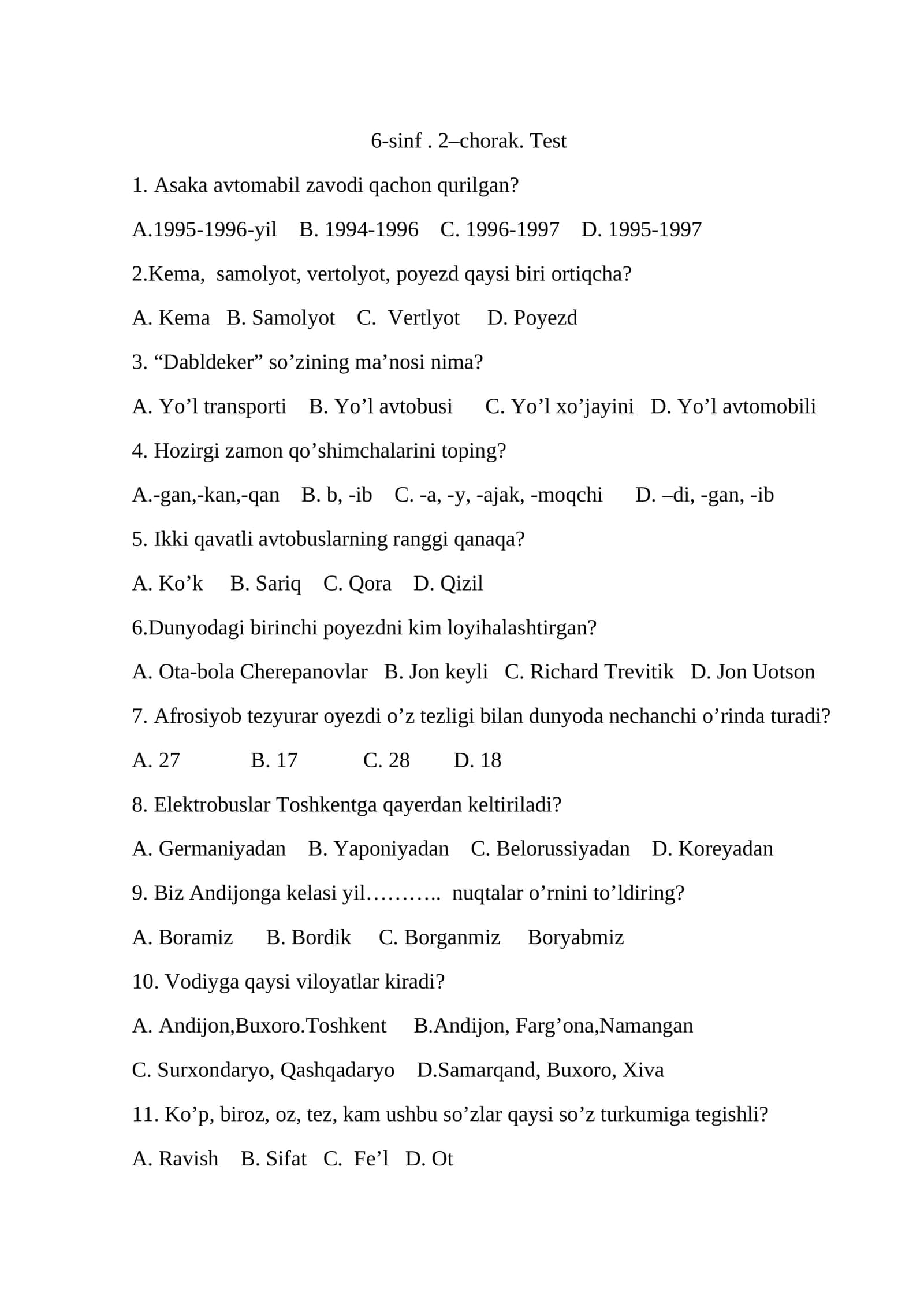 6-sinf. 2–chorak. Test