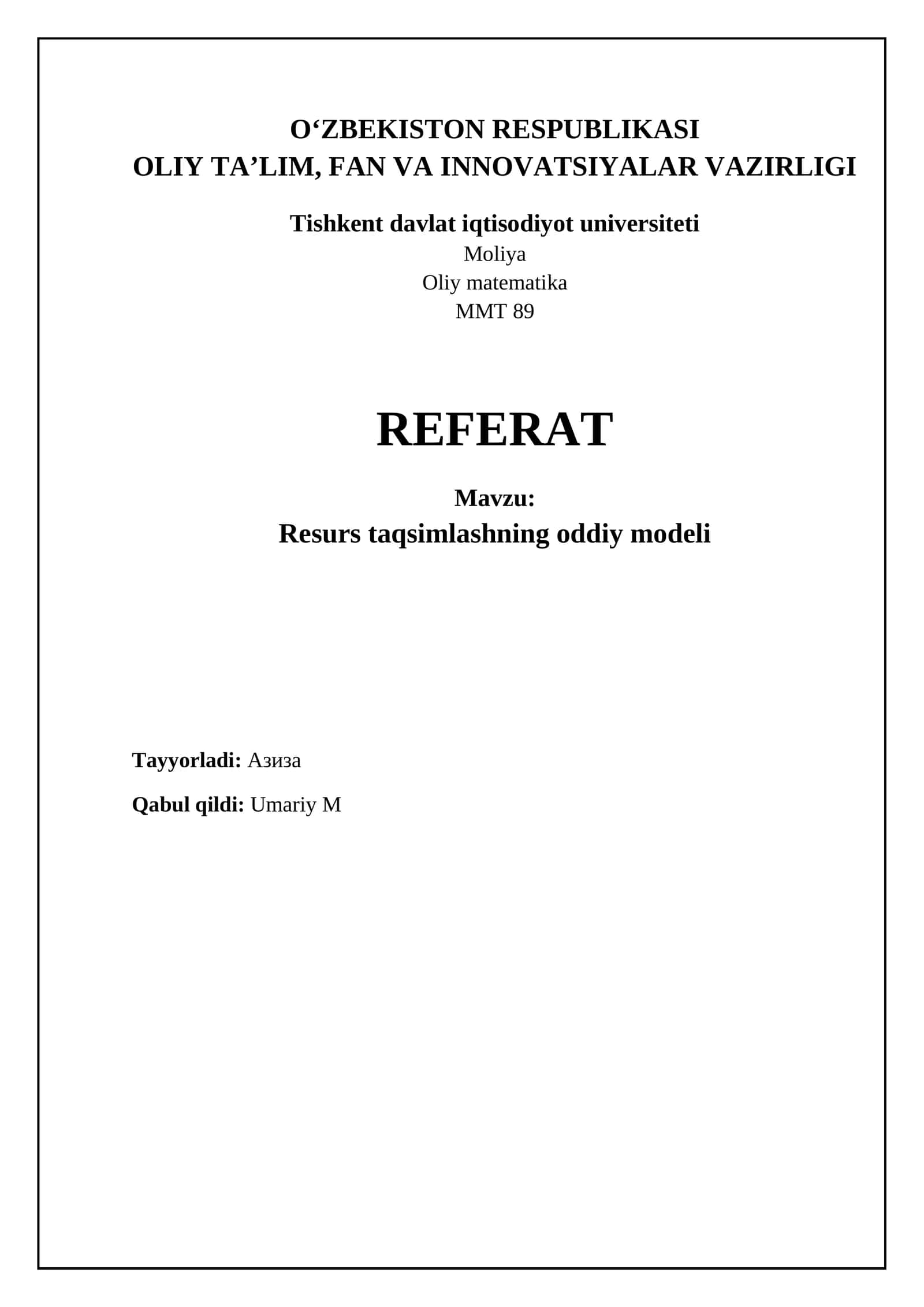 Resurs taqsimlashning oddiy modeli