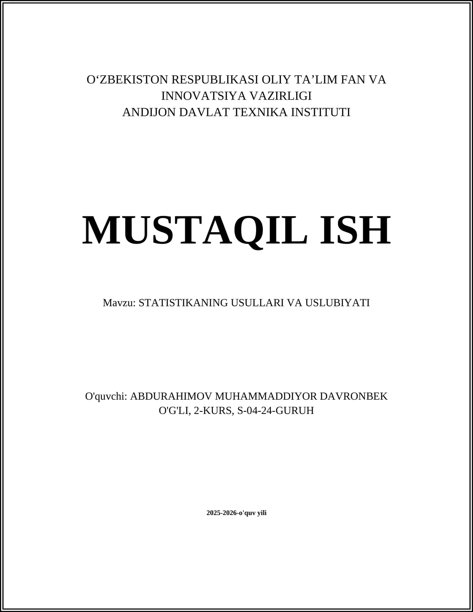 STATISTIKANING USULLARI VA USLUBIYATI