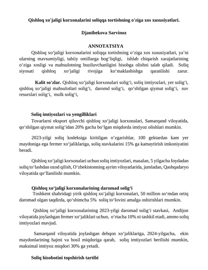 Qishloq xo'jaligi korxonalarini soliqqa tortishning o'ziga xos xususiyatlari