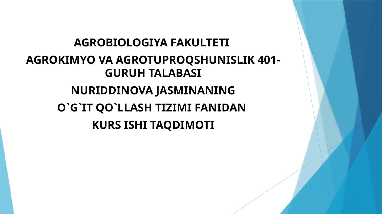 O`G`IT QO`LLASH TIZIMI FANIDAN KURS ISHI TAQDIMOTI