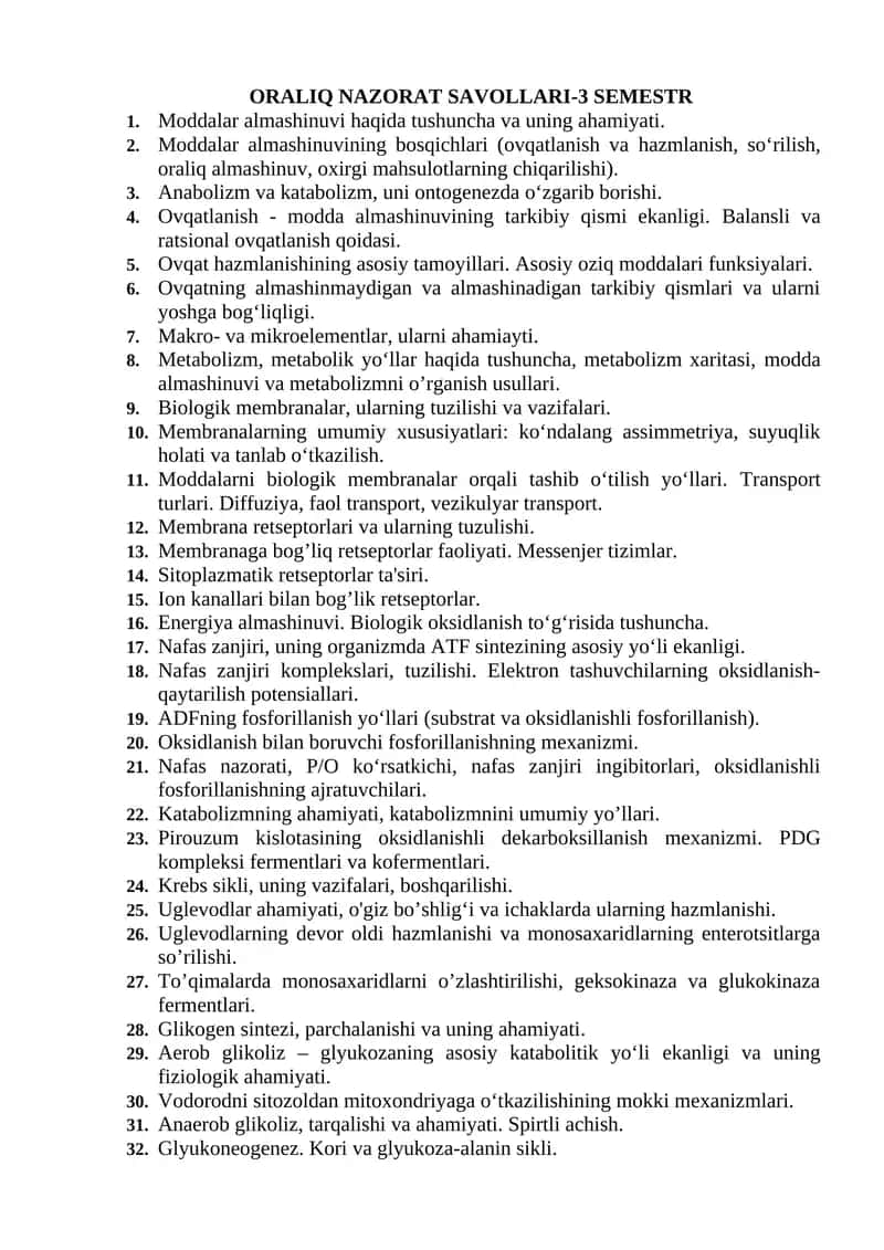 ORALIQ NAZORAT SAVOLLARI-3 SEMESTR