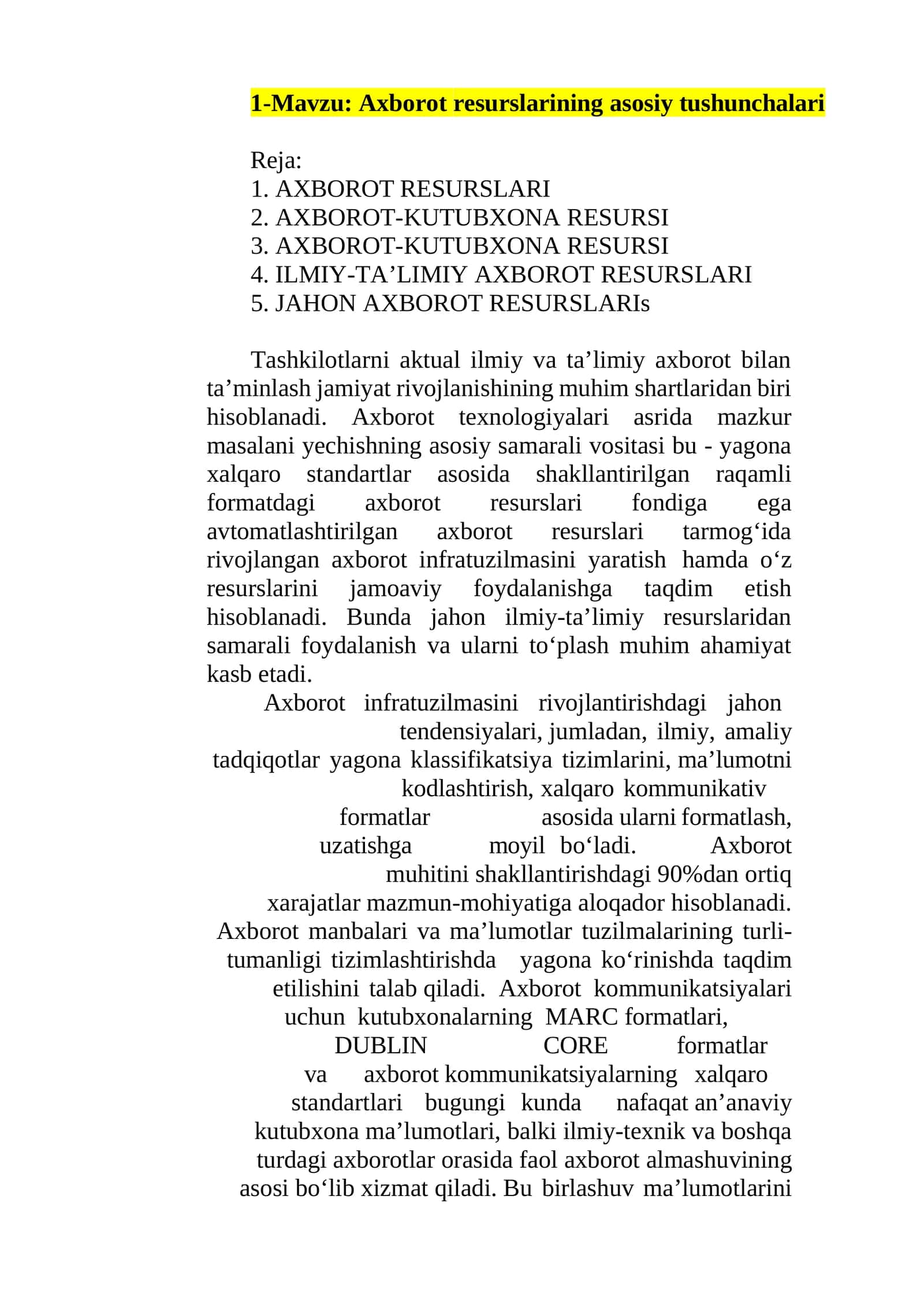 Axborot resurslarining asosiy tushunchalari
