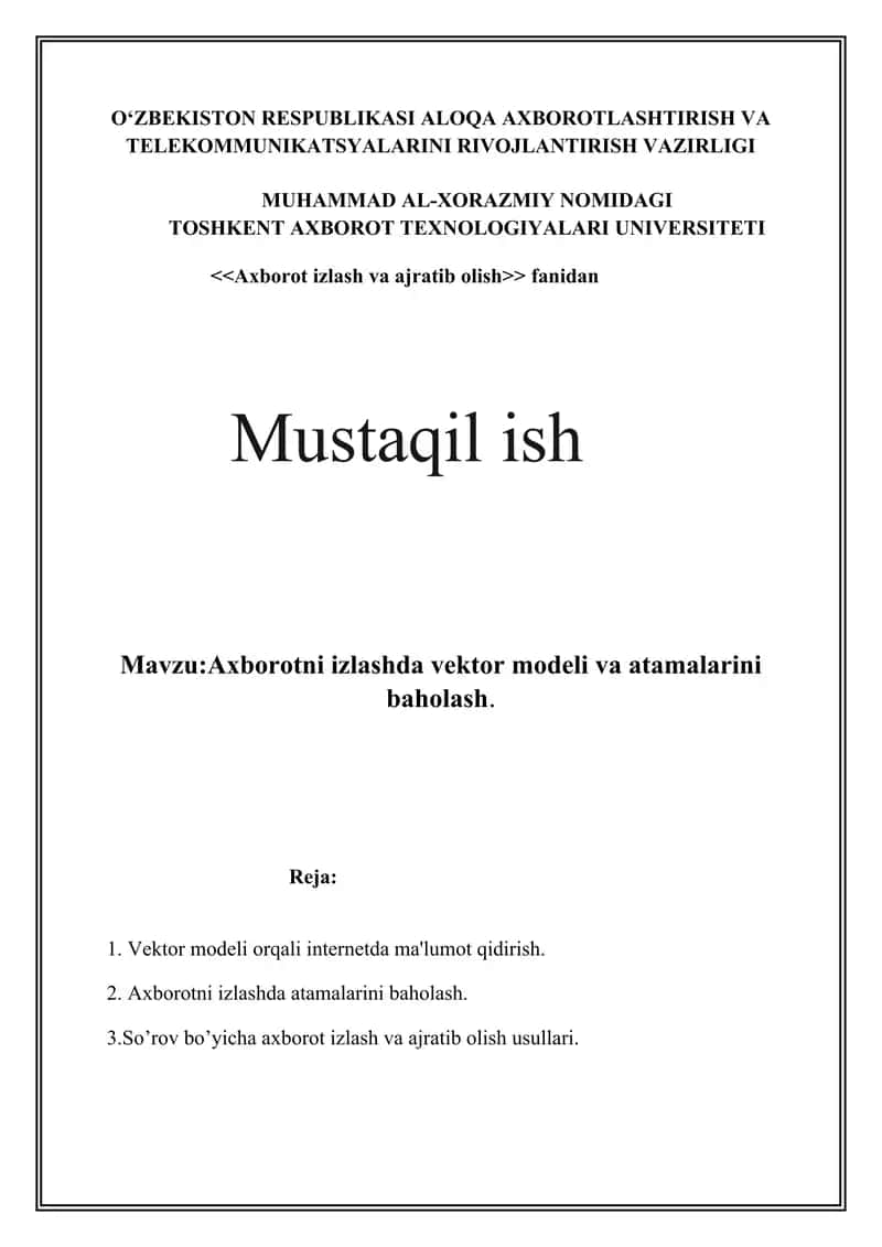 Axborotni izlashda vektor modeli va atamalarini baholash