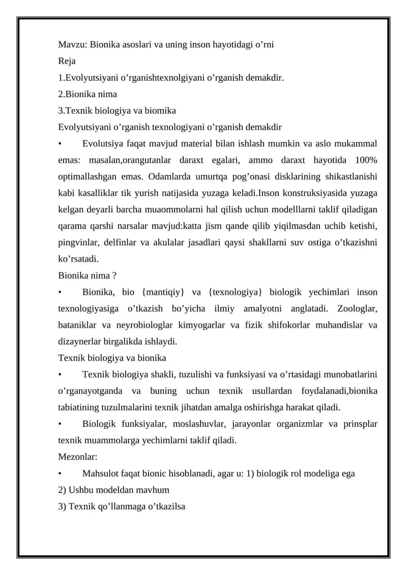 Bionika asoslari va uning inson hayotidagi o’rni