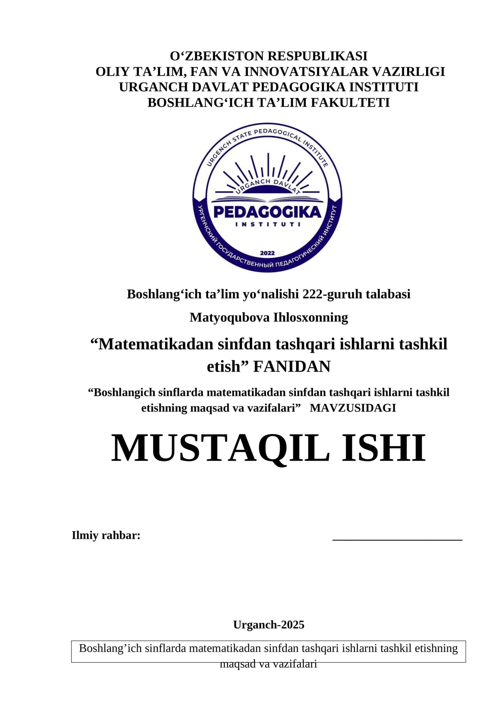 Boshlang‘ich sinflarda matematikadan sinfdan tashqari ishlarni tashkil etishning maqsad va vazifalari