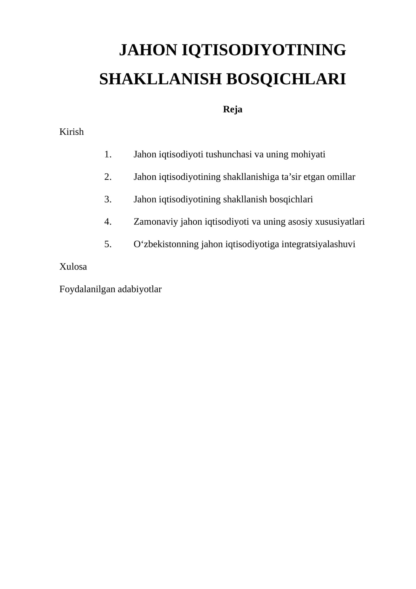 JAHON IQTISODIYOTINING SHAKLLANISH BOSQICHLARI