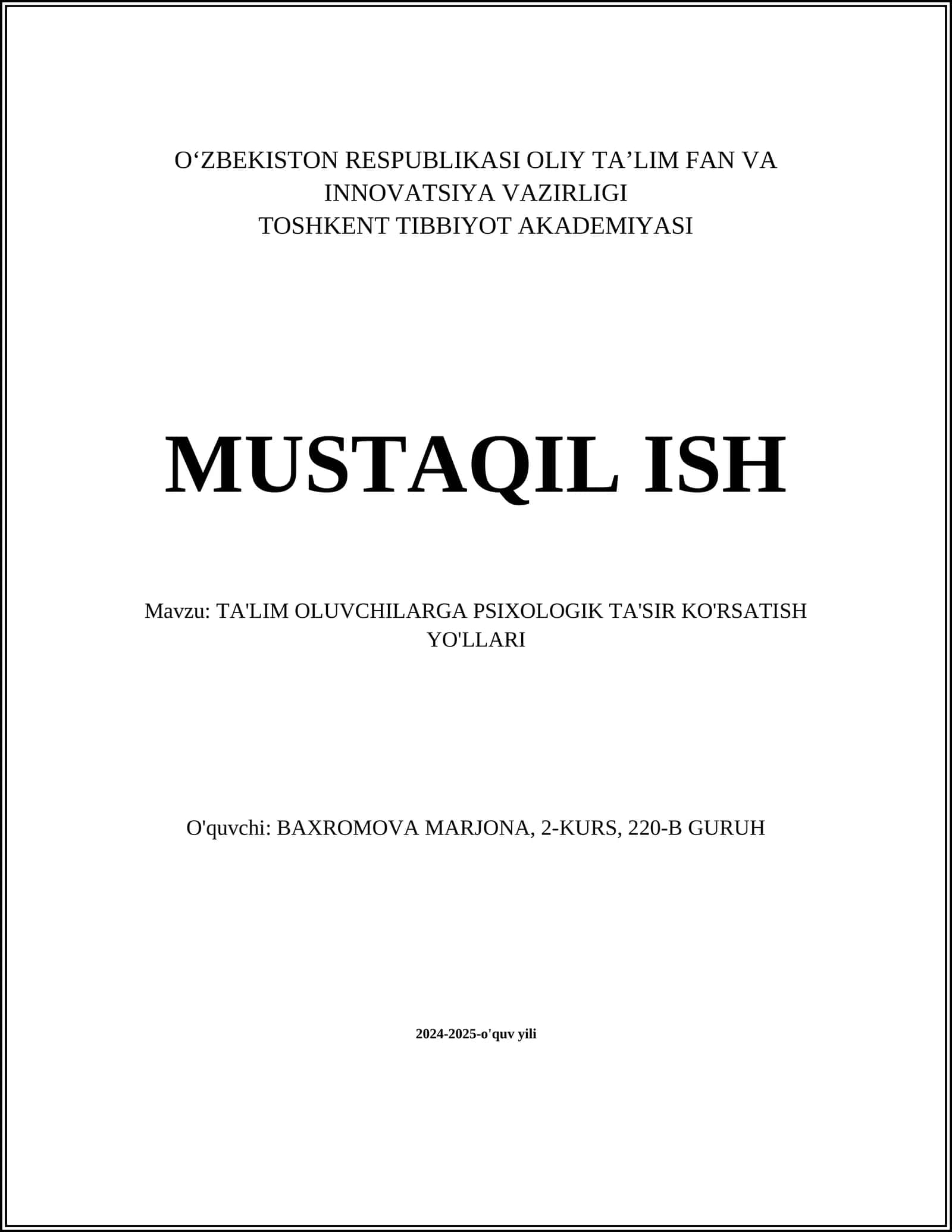 TA'LIM OLUVCHILARGA PSIXOLOGIK TA'SIR KO'RSATISH YO'LLARI