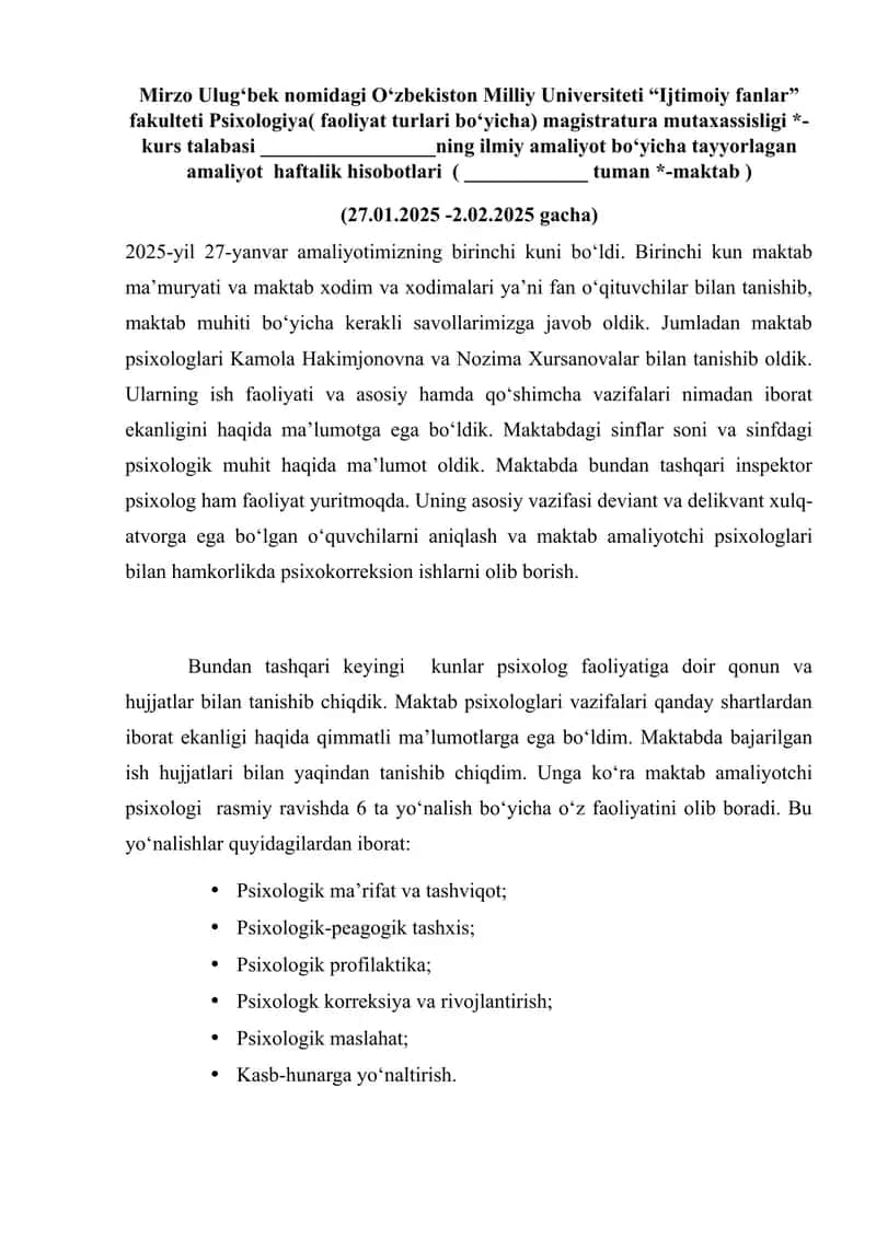 Amaliyot boʻyicha tayyorlagan amaliyot haftalik hisobotlari