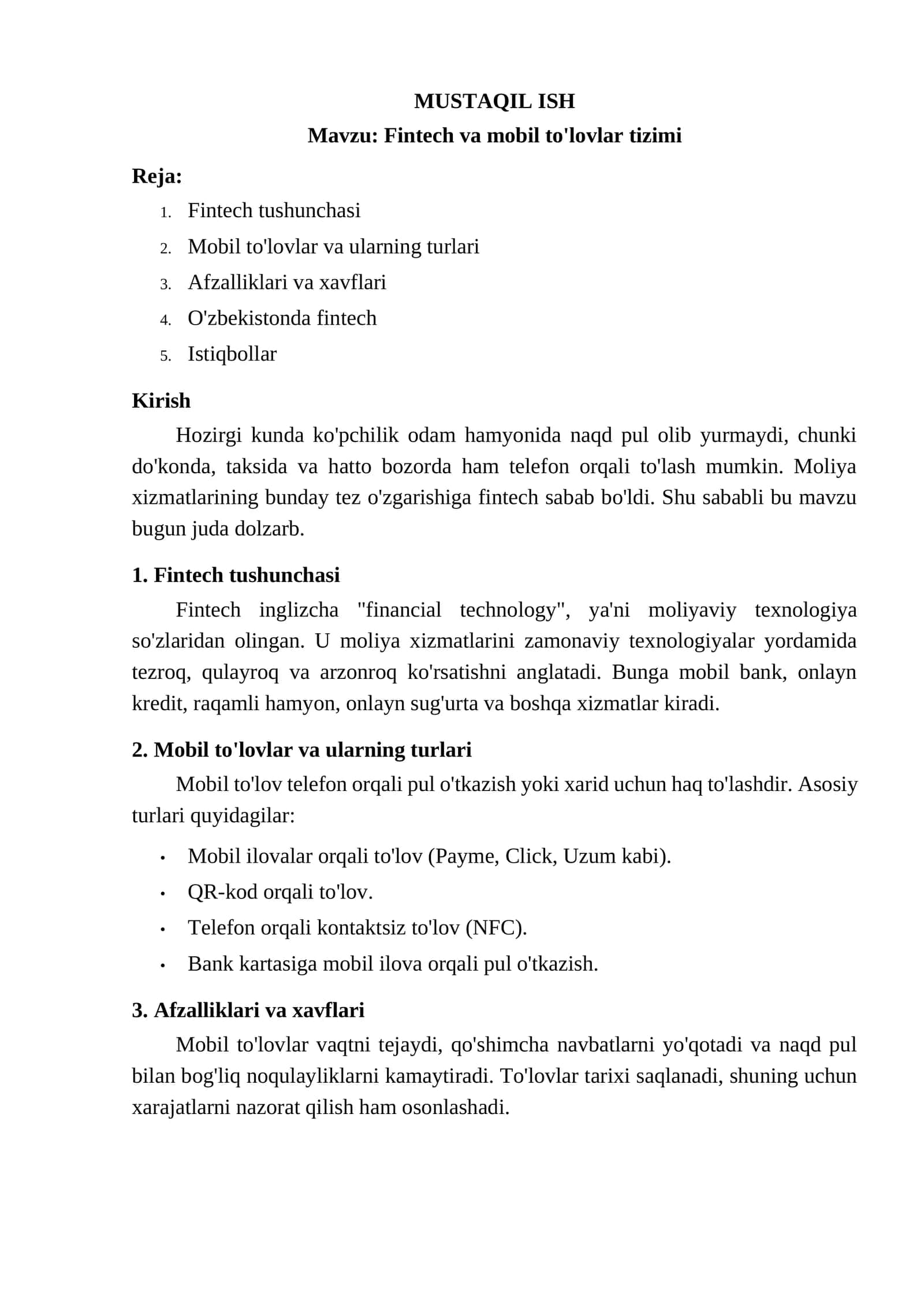 Fintech va mobil to'lovlar tizimi
