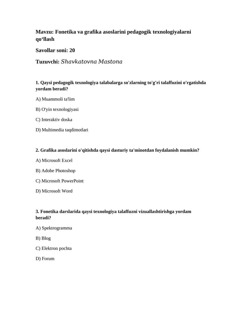 Fonetika va grafika asoslarini pedagogik texnologiyalarni qoʻllash