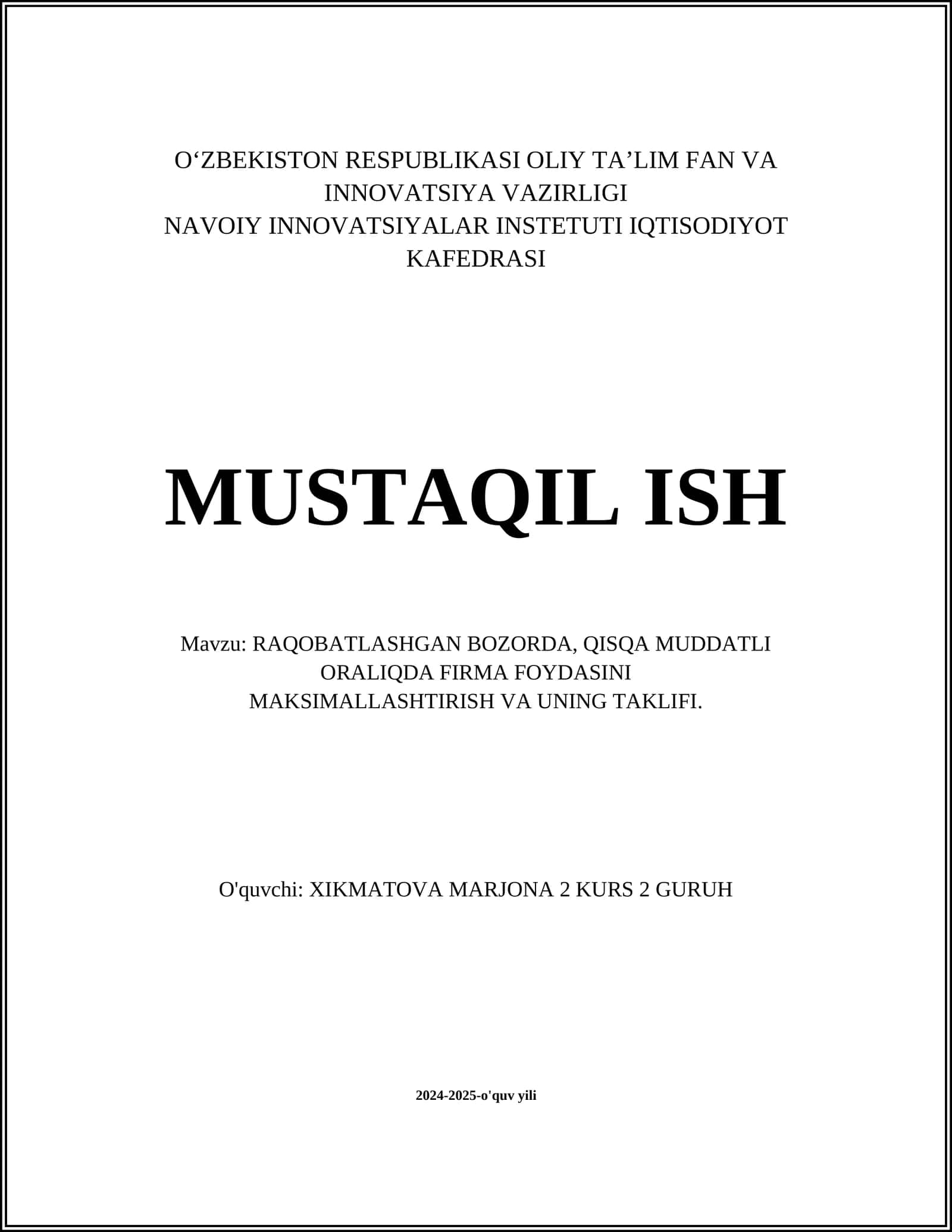 RAQOBATLASHGAN BOZORDA, QISQA MUDDATLI ORALIQDA FIRMA FOYDASINI MAKSIMALLASHTIRISH VA UNING TAKLIFI