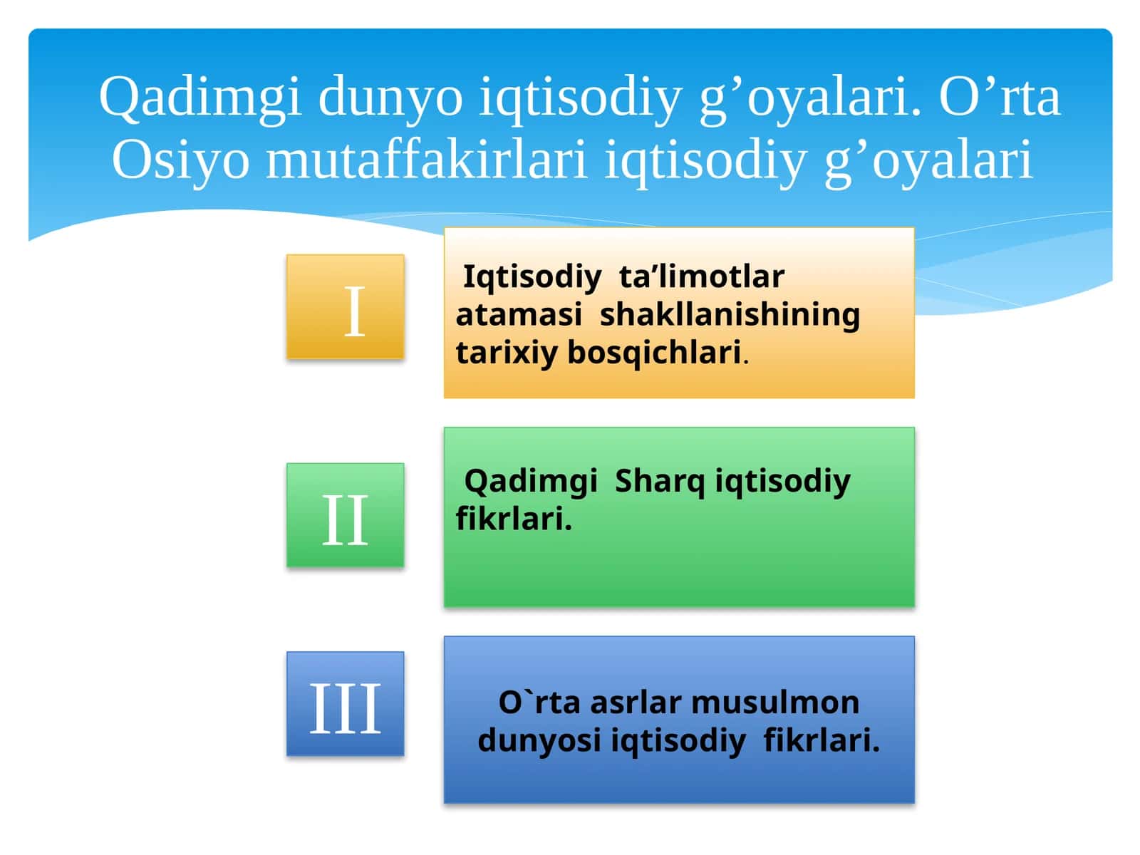 Qadimgi dunyo iqtisodiy g‘oyalari. O‘rta Osiyo mutaffakirlari iqtisodiy g‘oyalari
