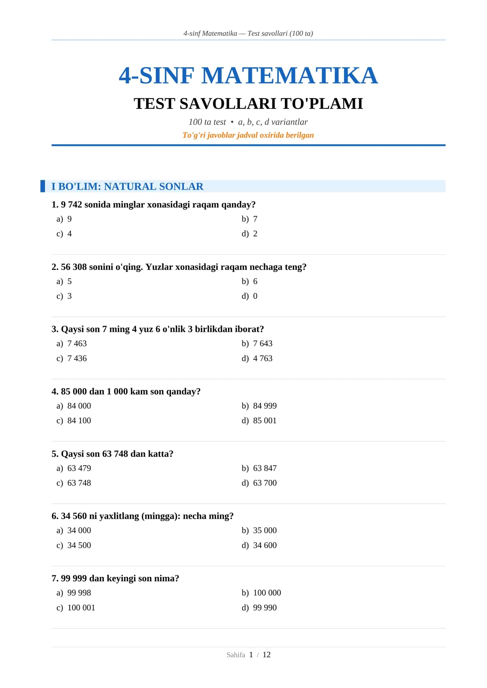 4-sinf Matematika — Test savollari (100 ta)