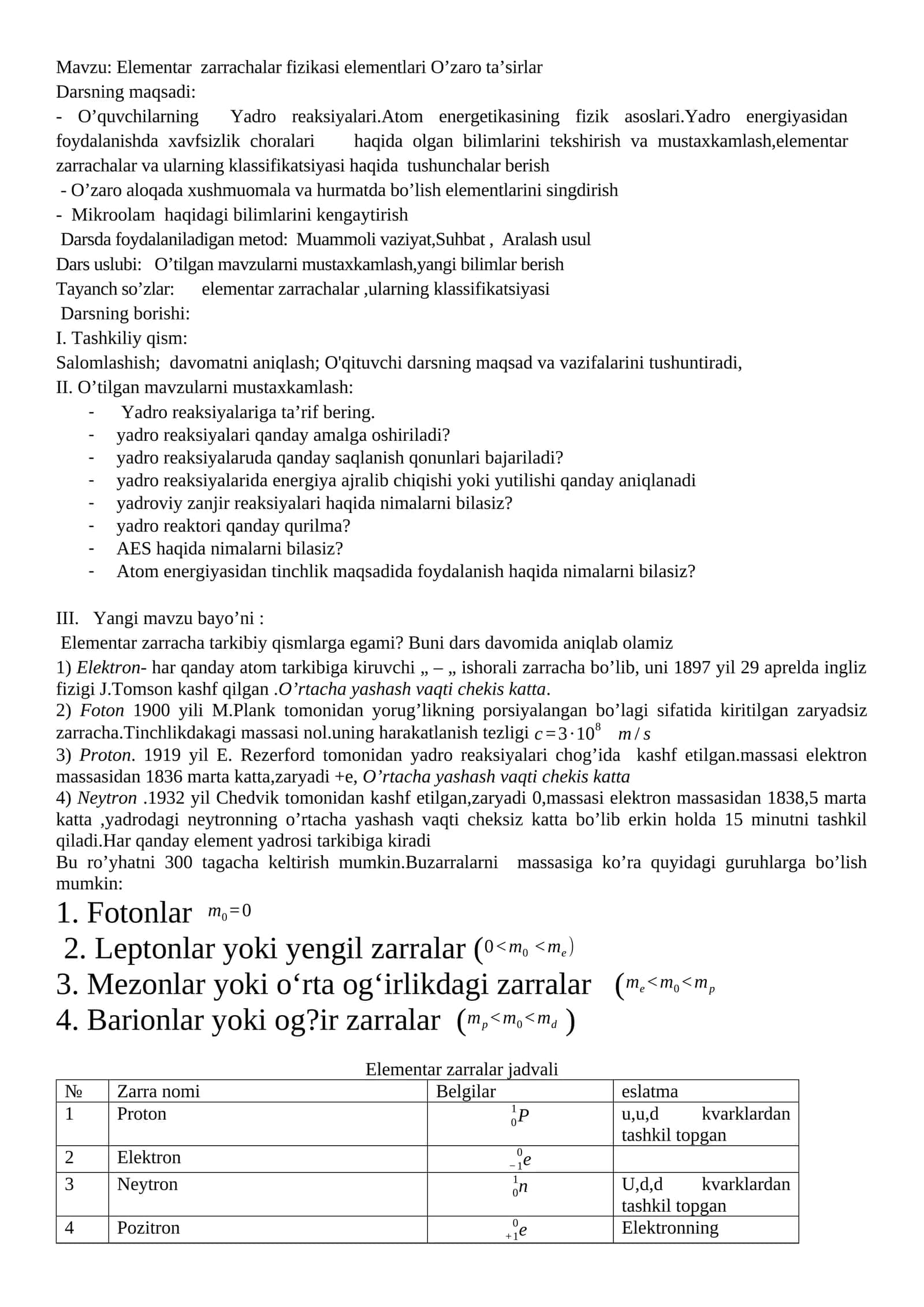 Elementar zarrachalar fizikasi elementlari O’zaro ta’sirlar
