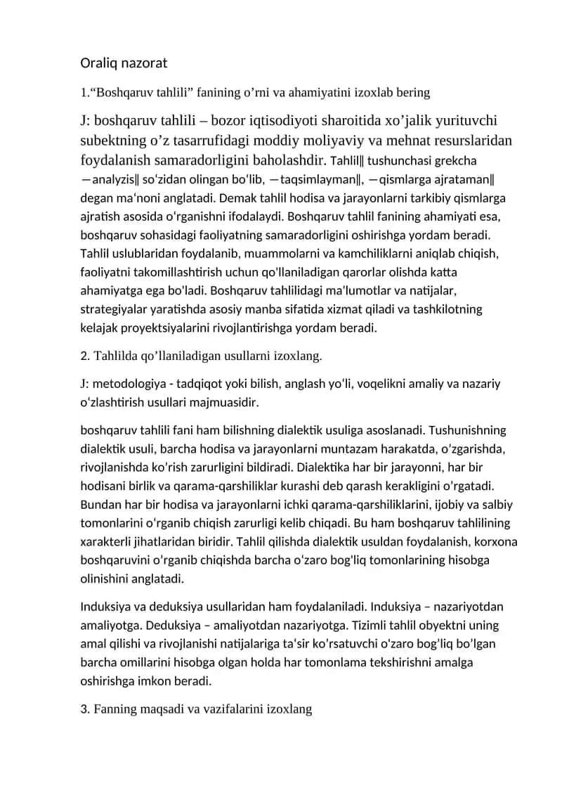 Boshqaruv Tahlili fanining o'rni va ahamiyati