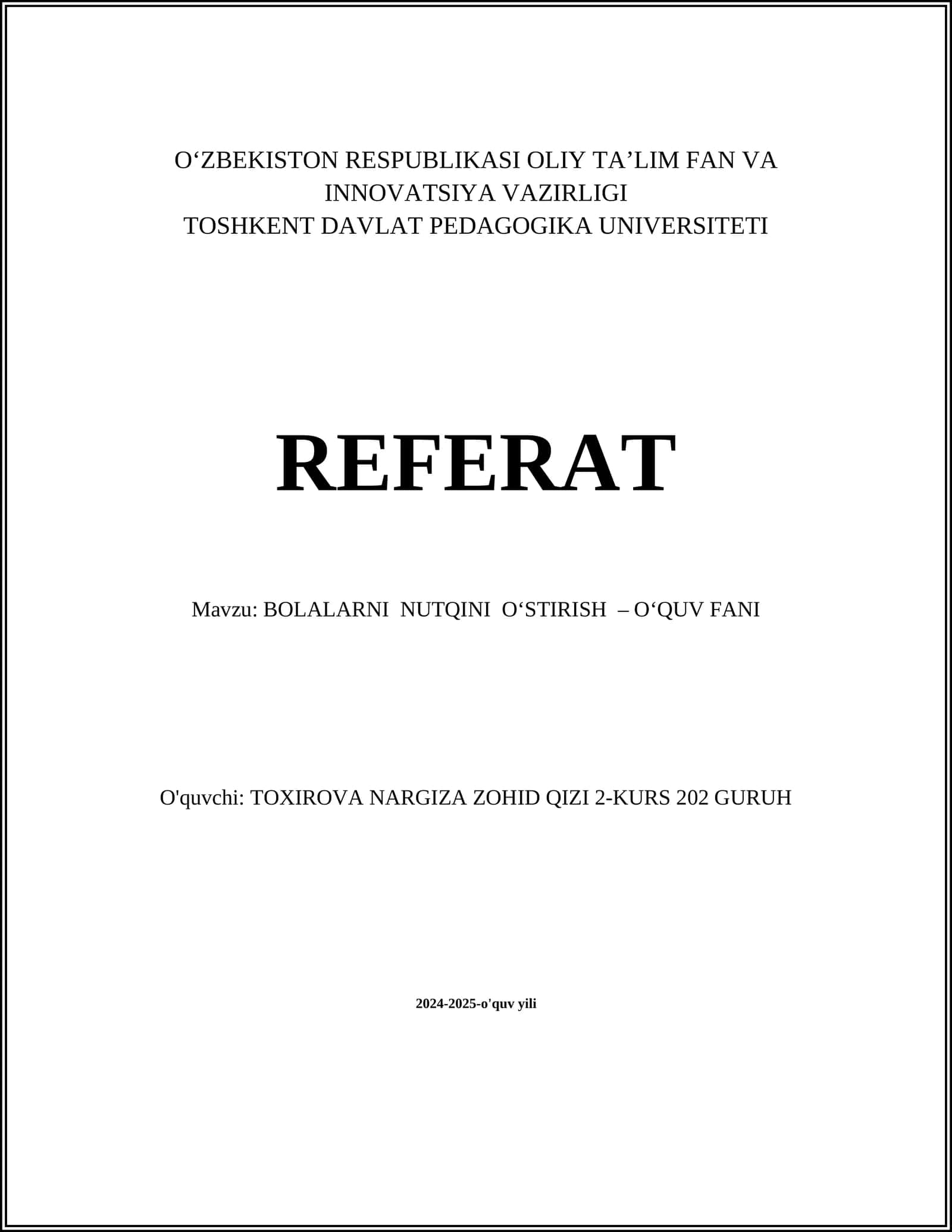 BOLALARNI NUTQINI O‘STIRISH – O‘QUV FANI