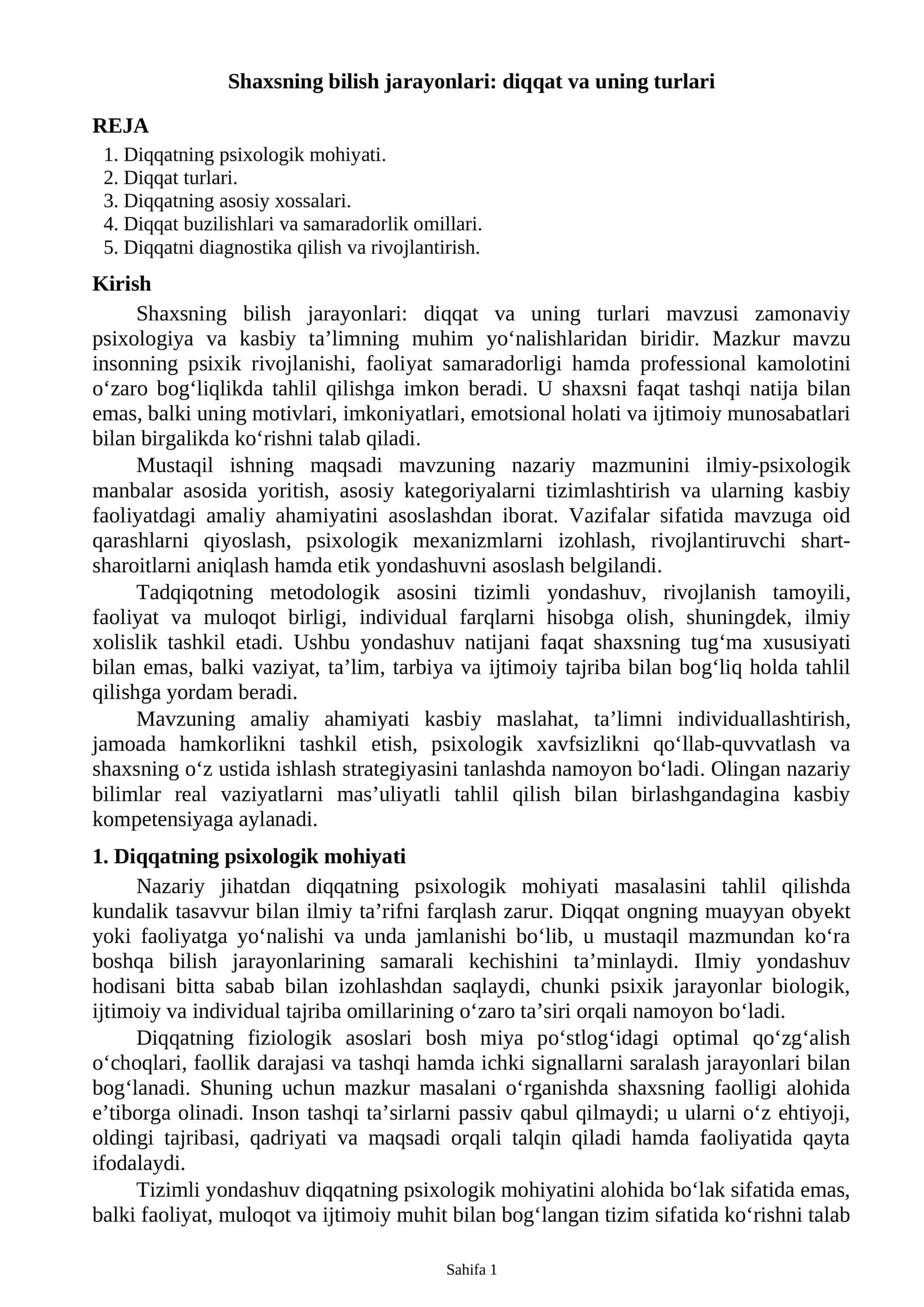 Shaxsning bilish jarayonlari: diqqat va uning turlari