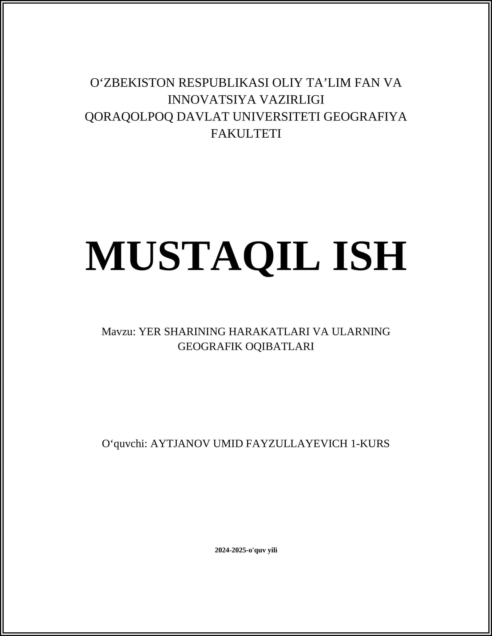 YER SHARINING HARAKATLARI VA ULARNING GEOGRAFIK OQIBATLARI