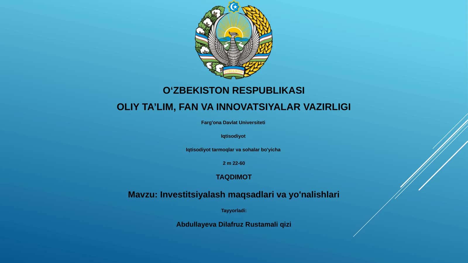 Investitsiyalash maqsadlari va yo'nalishlari