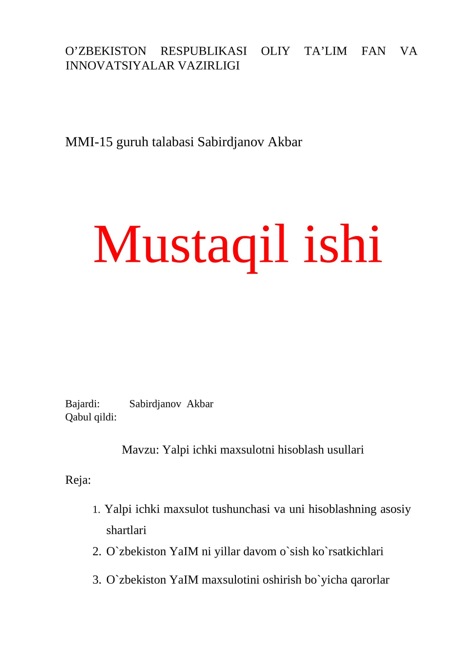 Yalpi ichki maxsulotni hisoblash usullari