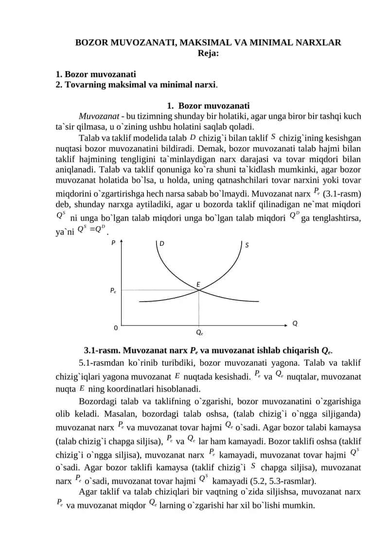 BOZOR MUVOZANATI, MAKSIMAL VA MINIMAL NARXLAR
